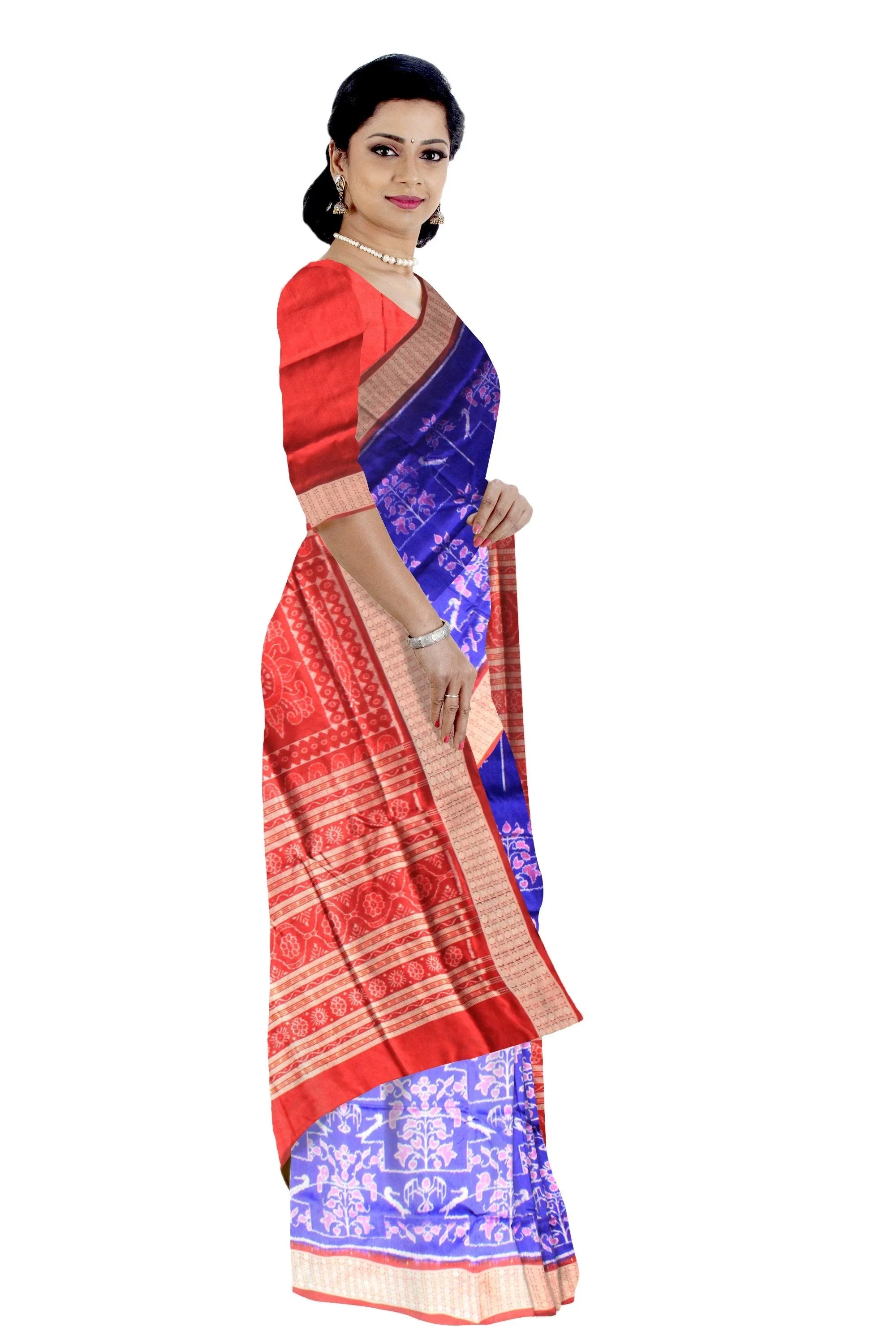 Blue color sonepuri bandha designed pata saree in birds and trees pattern. - Koshali Arts & Crafts Enterprise