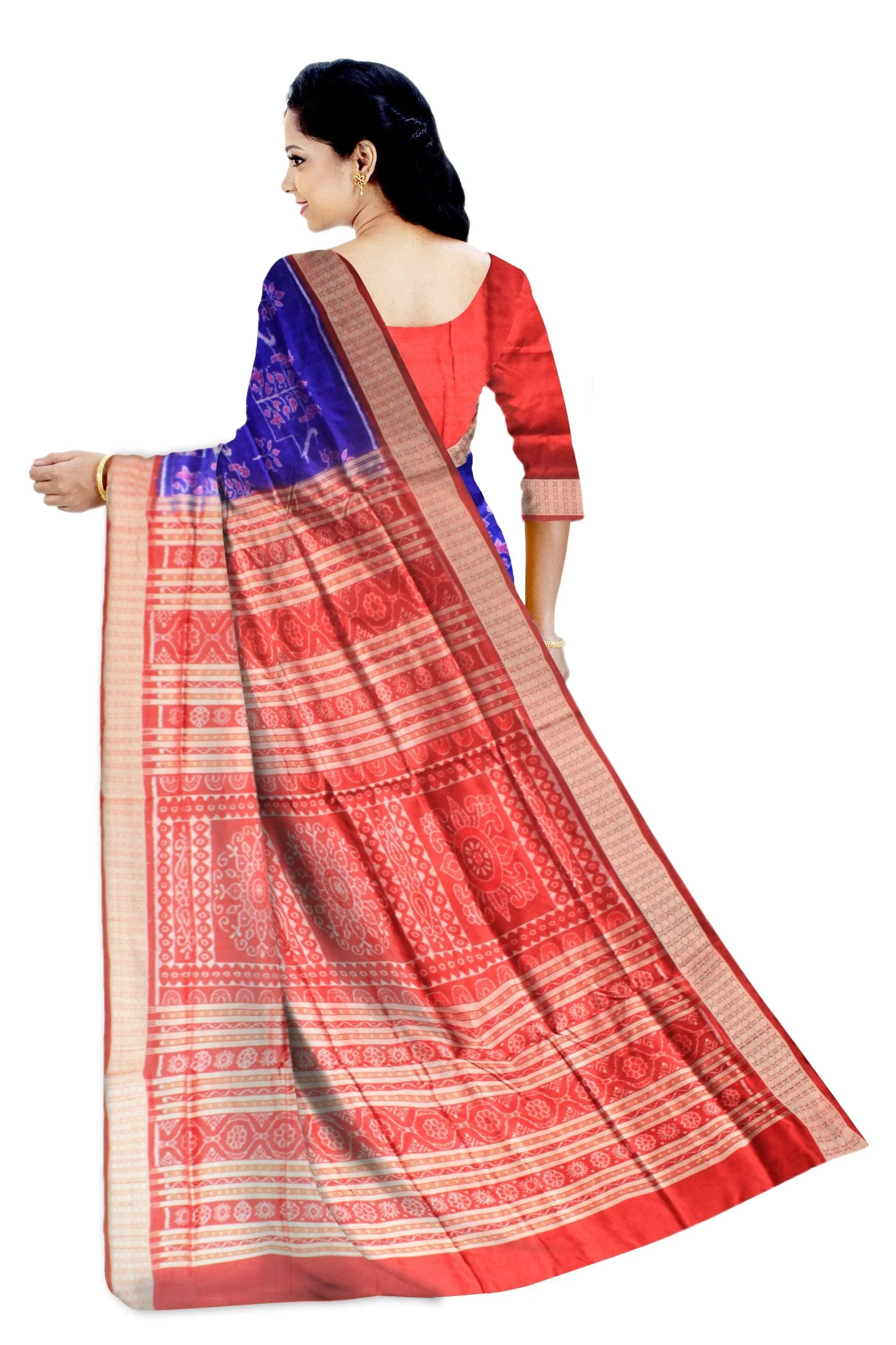 BLUE COLOR SONEPURI BANDHA DESIGNED PATA SAREE IN BIRDS AND TREES PATTERN - Koshali Arts & Crafts Enterprise