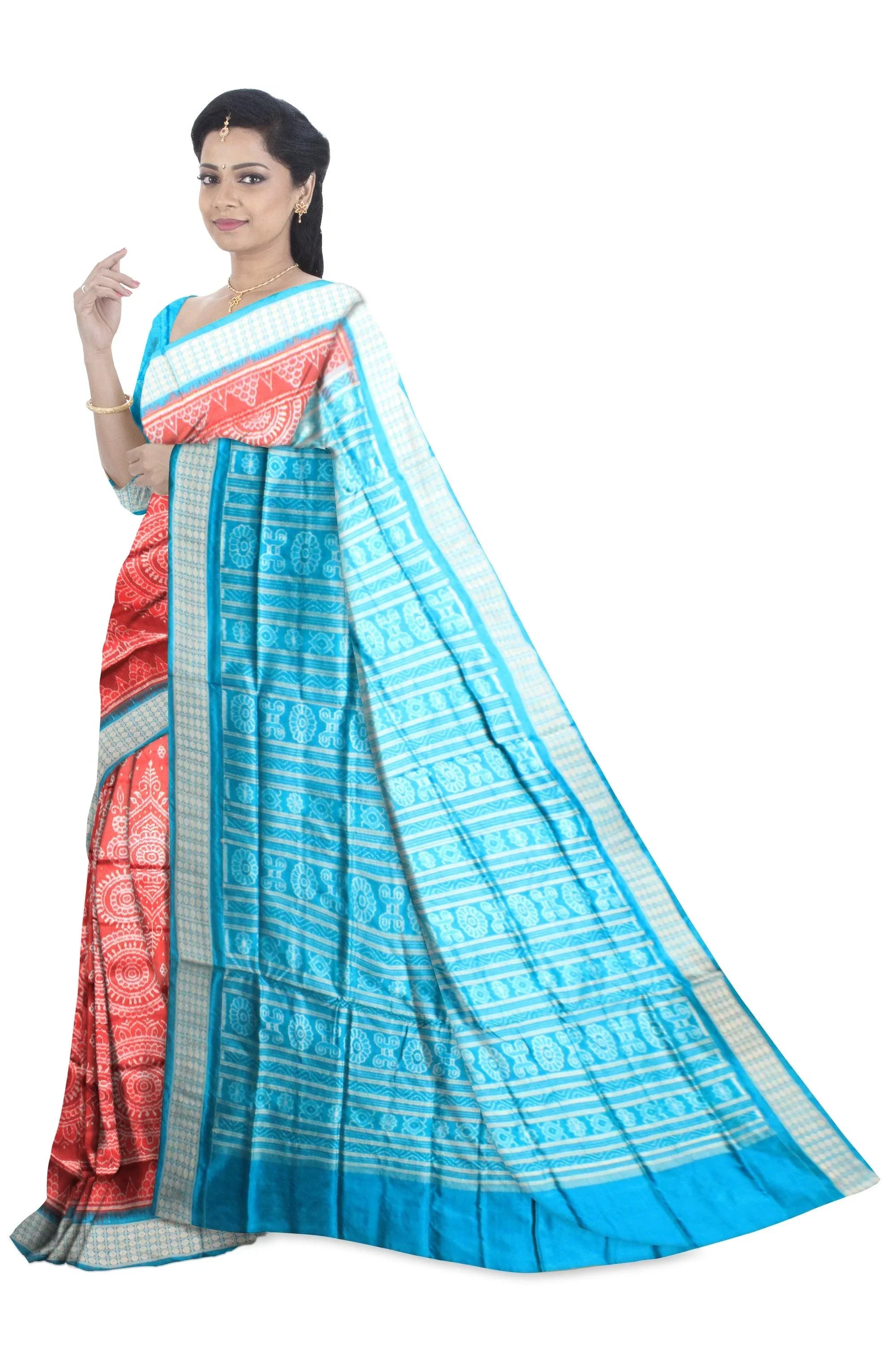 Latest design sambalpuri pata saree in red and sky color with blouse piece. - Koshali Arts & Crafts Enterprise