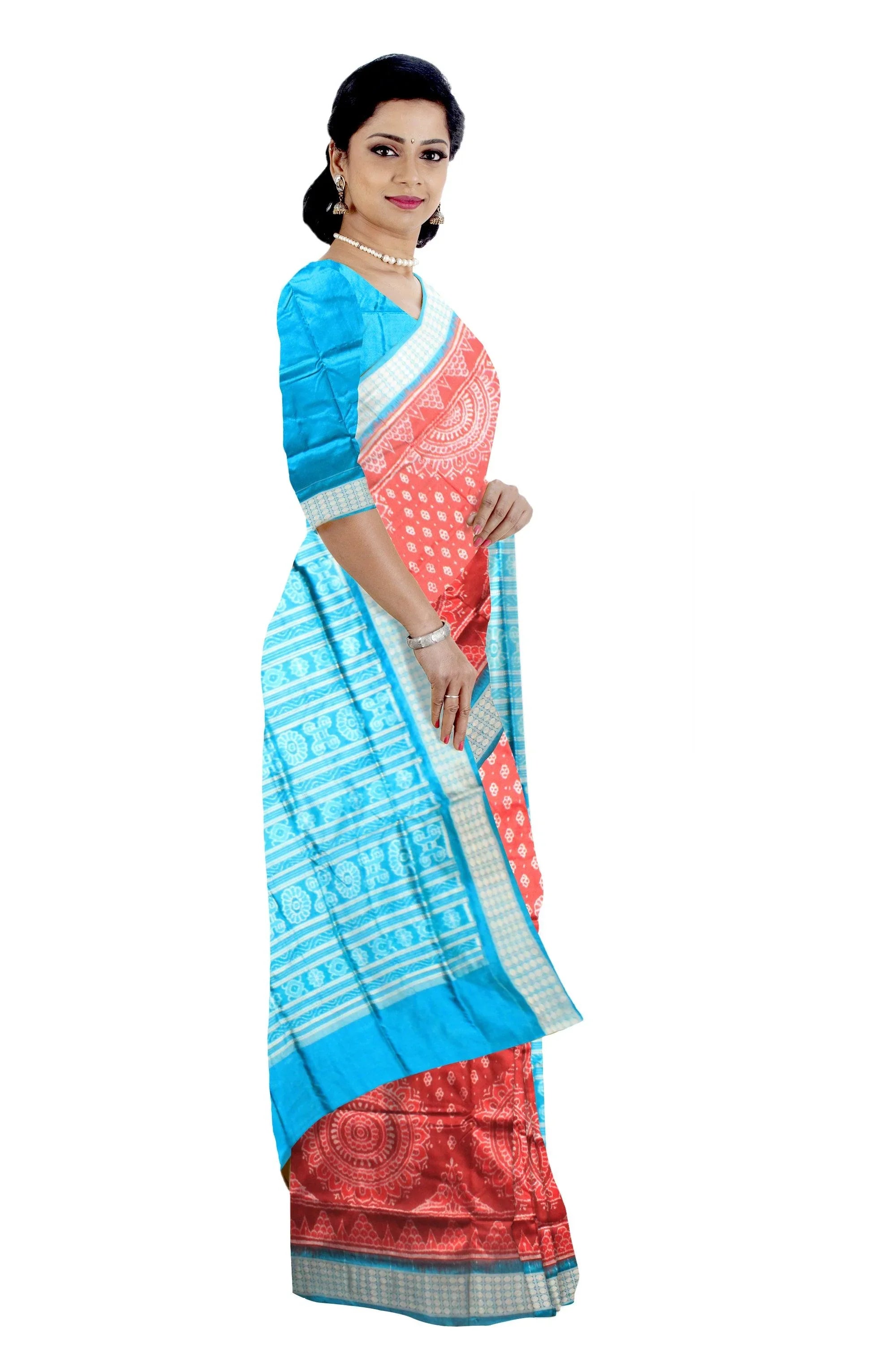 Latest design sambalpuri pata saree in red and sky color with blouse piece. - Koshali Arts & Crafts Enterprise