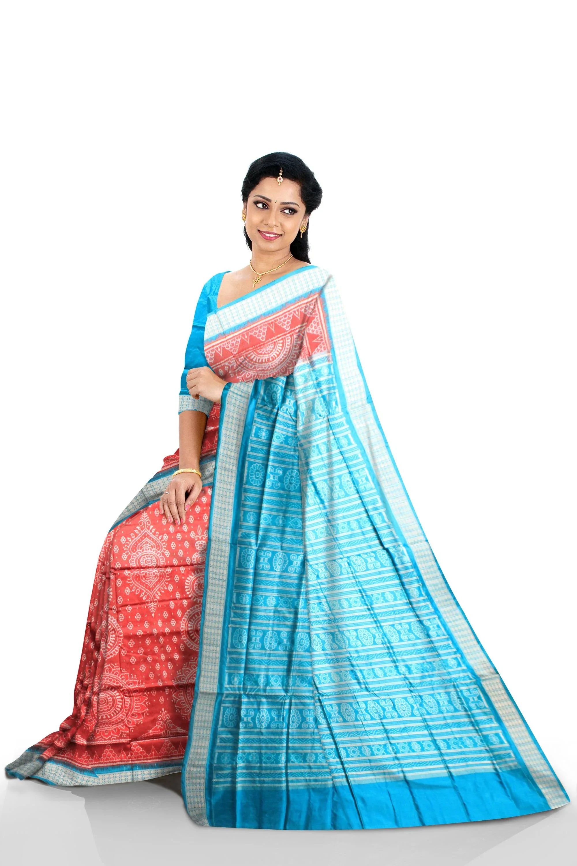 Latest design sambalpuri pata saree in red and sky color with blouse piece. - Koshali Arts & Crafts Enterprise