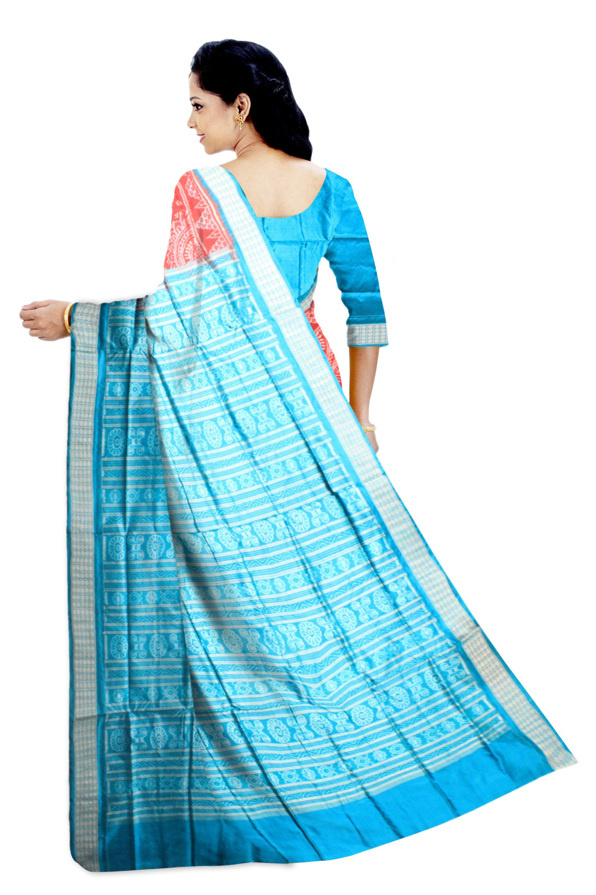 Latest design sambalpuri pata  saree in red and sky color with blouse piece. - Koshali Arts & Crafts Enterprise