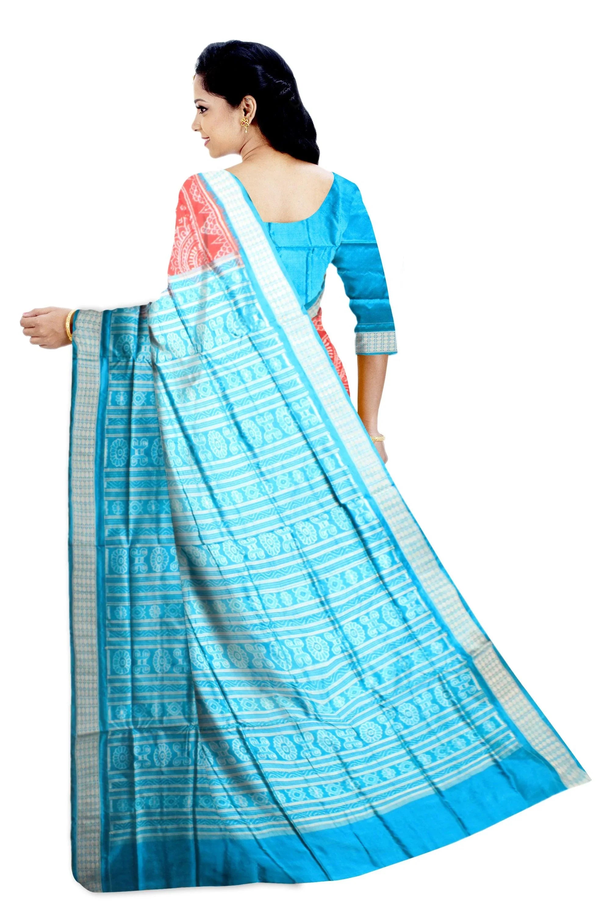 Latest design sambalpuri pata saree in red and sky color with blouse piece. - Koshali Arts & Crafts Enterprise