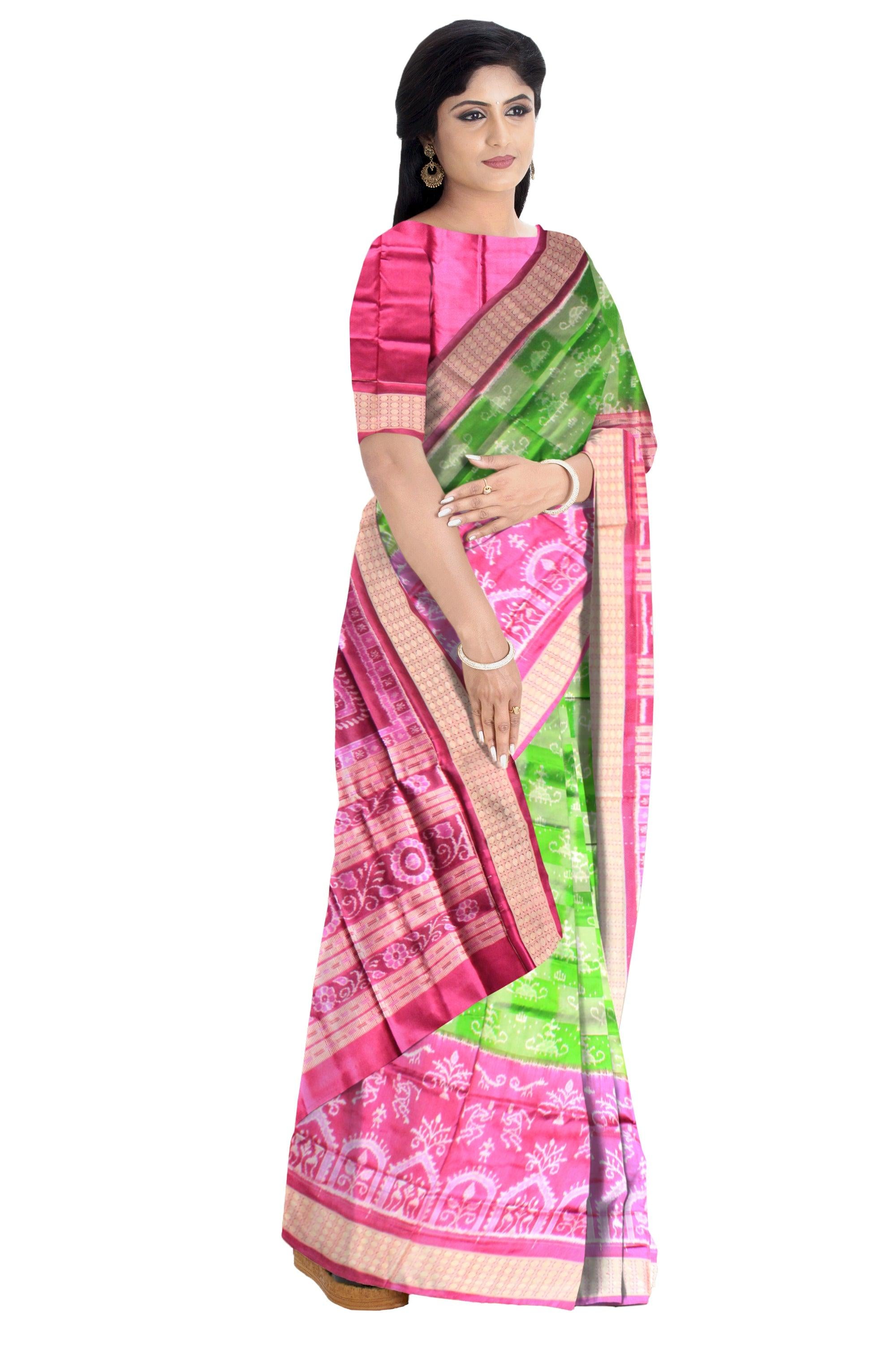 Latest terracotta design sambalpuri pata saree in green and light pink with blouse piece. - Koshali Arts & Crafts Enterprise