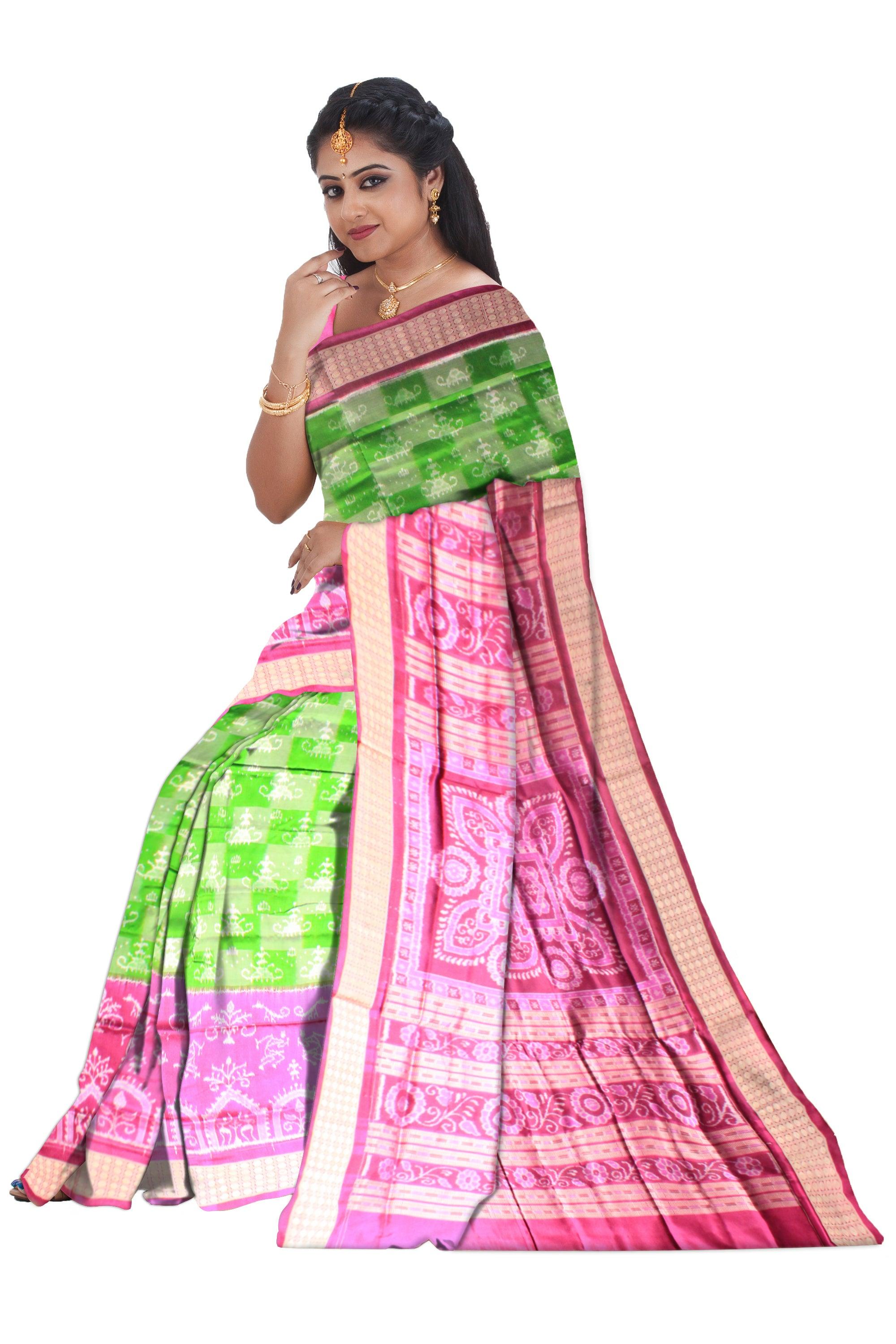 Latest terracotta design sambalpuri pata saree in green and light pink with blouse piece. - Koshali Arts & Crafts Enterprise