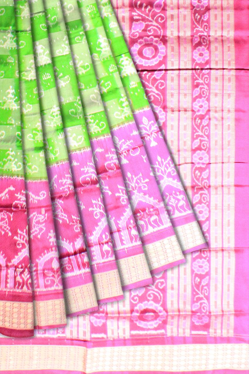 Latest terracotta design sambalpuri pata saree in green and light pink with blouse piece. - Koshali Arts & Crafts Enterprise