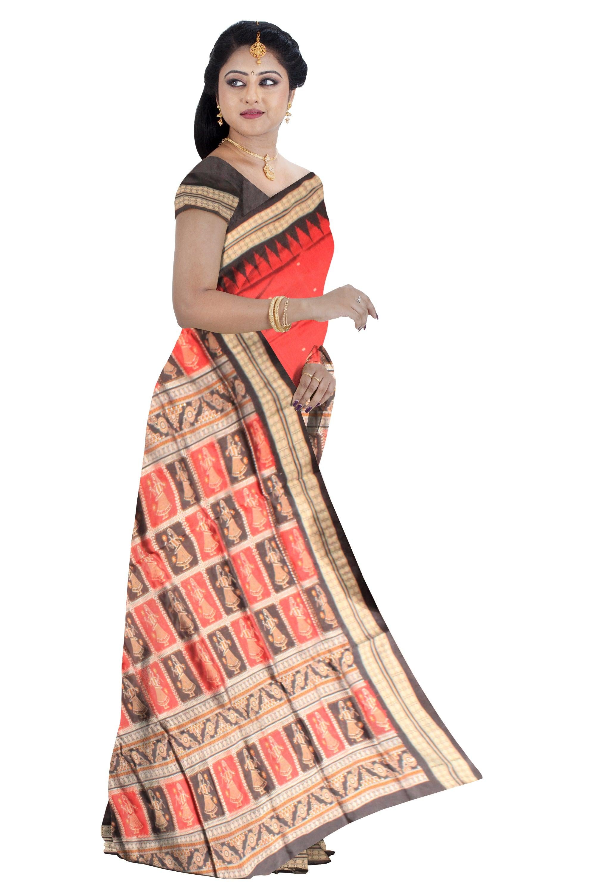 Small booty pattern and pallu doll print sambalpuri pata saree in maroon and black color with blouse piece. - Koshali Arts & Crafts Enterprise