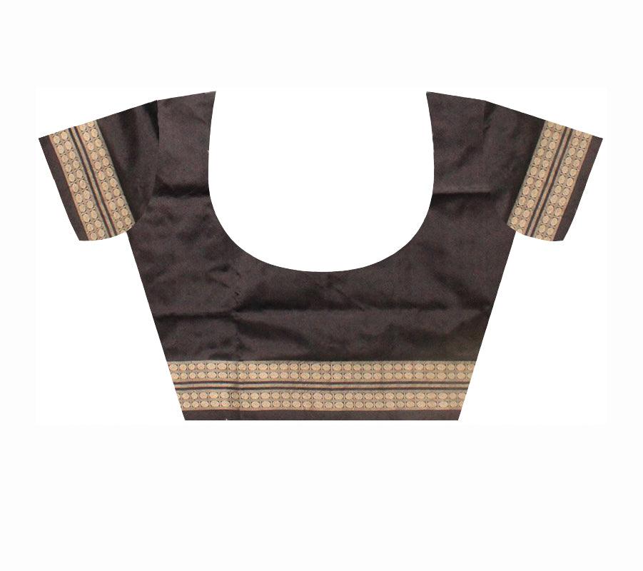 Small booty pattern and pallu doll print sambalpuri pata saree in maroon and black color with blouse piece. - Koshali Arts & Crafts Enterprise