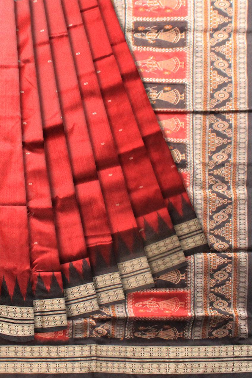Small booty pattern and pallu doll print sambalpuri pata saree in maroon and black color with blouse piece. - Koshali Arts & Crafts Enterprise