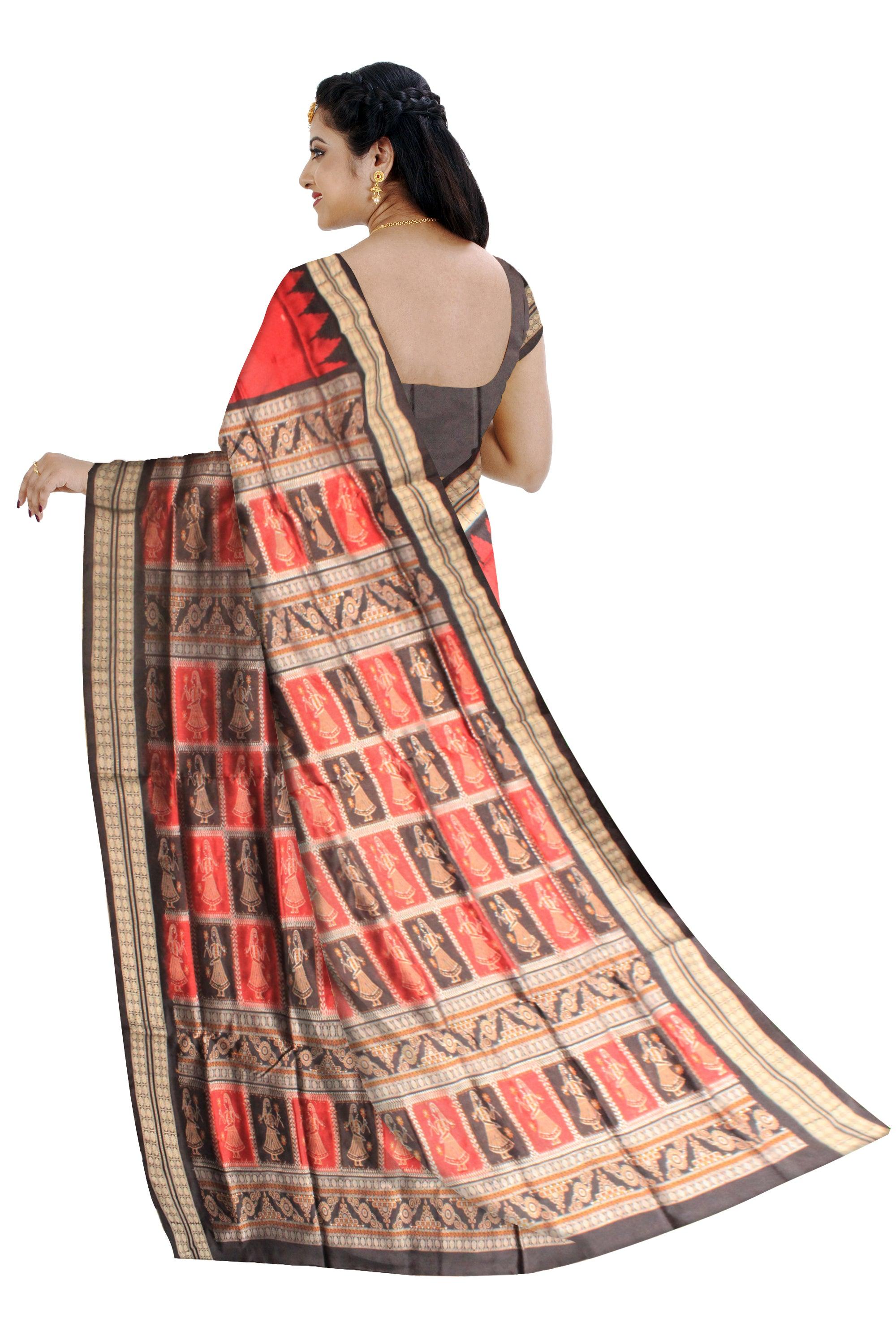 Small booty pattern and pallu doll print sambalpuri pata saree in maroon and black color with blouse piece. - Koshali Arts & Crafts Enterprise