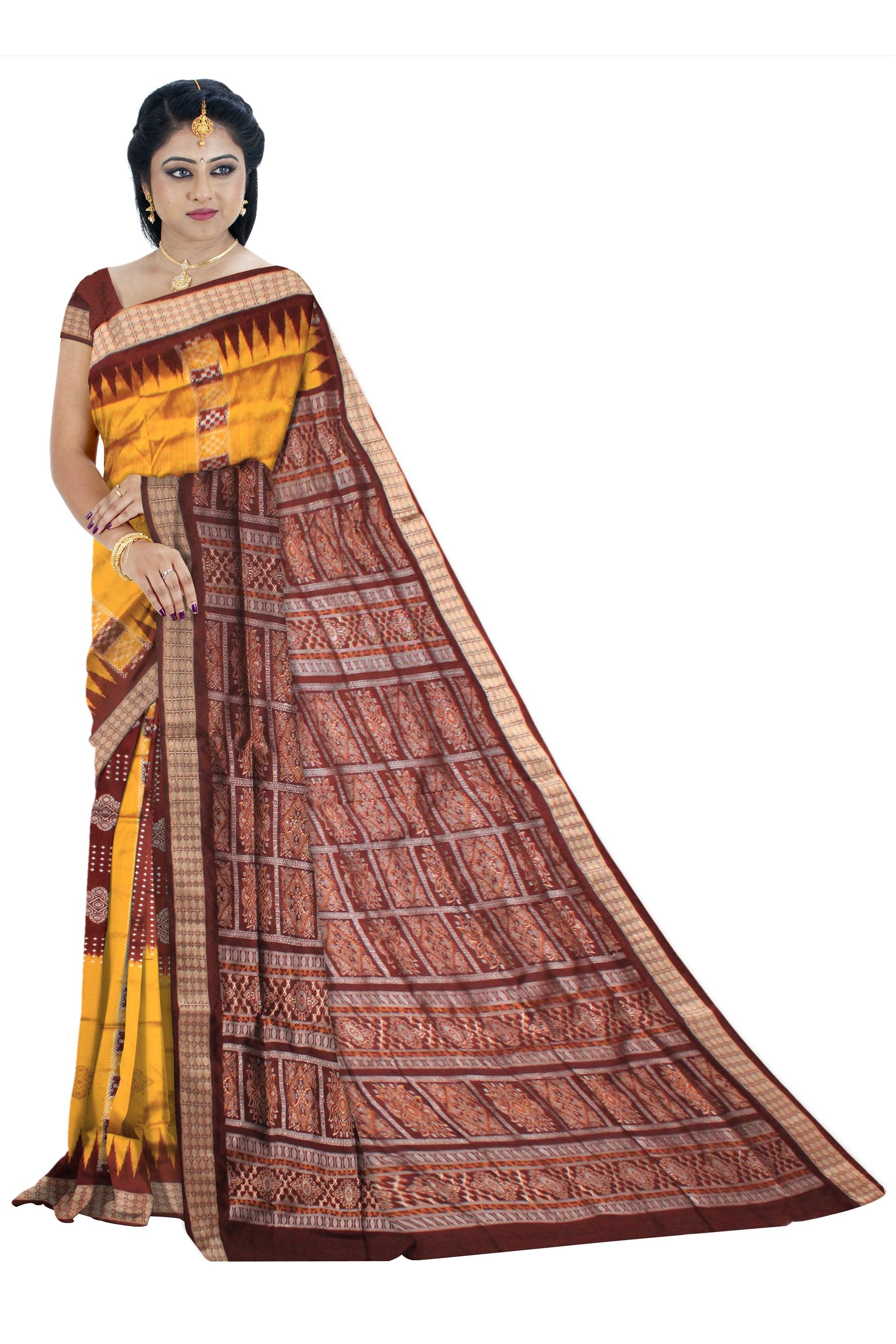 YELLOW AND COFFEE COLOR CHANDUA DESIGN PATA WITH BLOUSE PIECE. - Koshali Arts & Crafts Enterprise