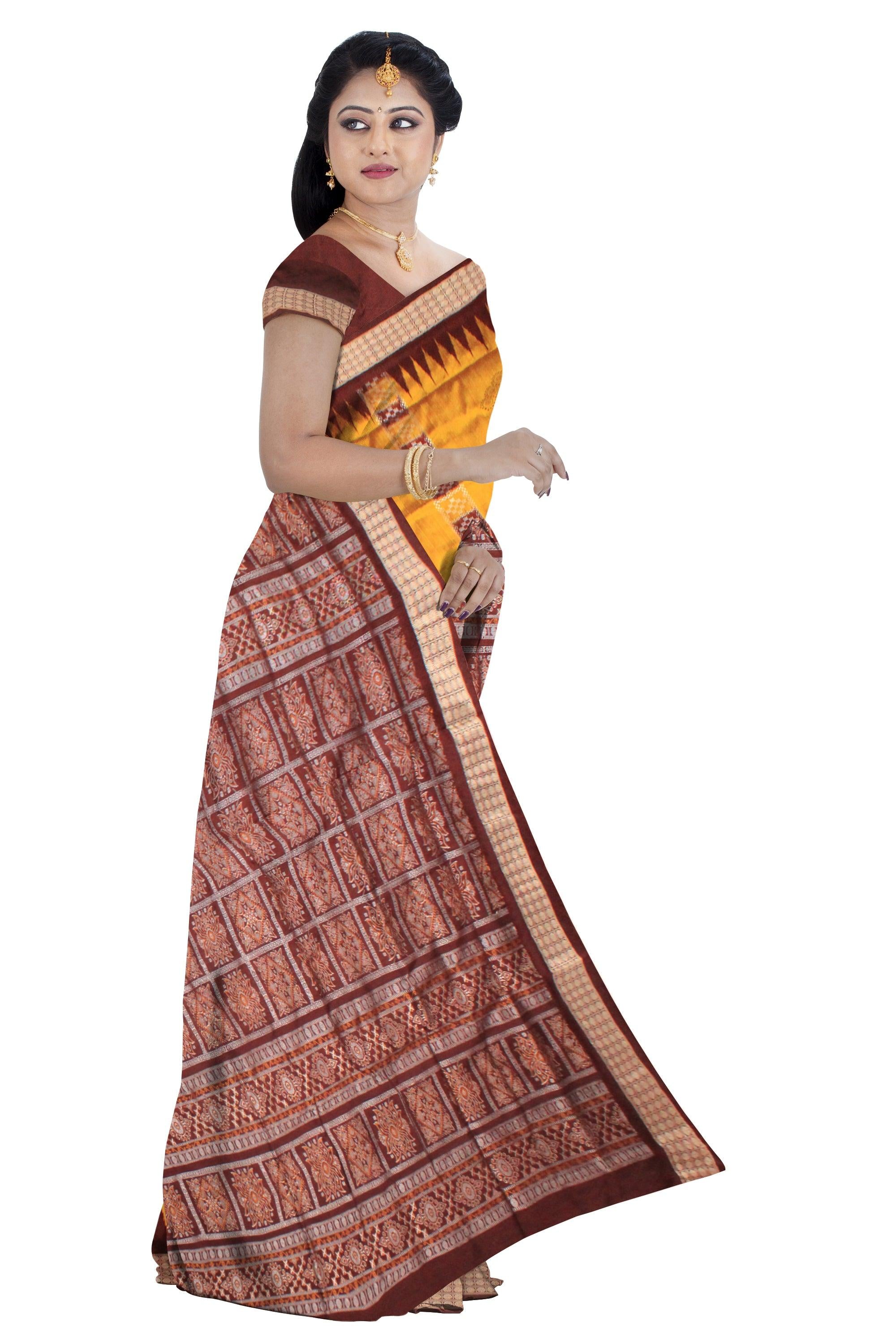 YELLOW AND COFFEE COLOR CHANDUA DESIGN PATA WITH BLOUSE PIECE. - Koshali Arts & Crafts Enterprise