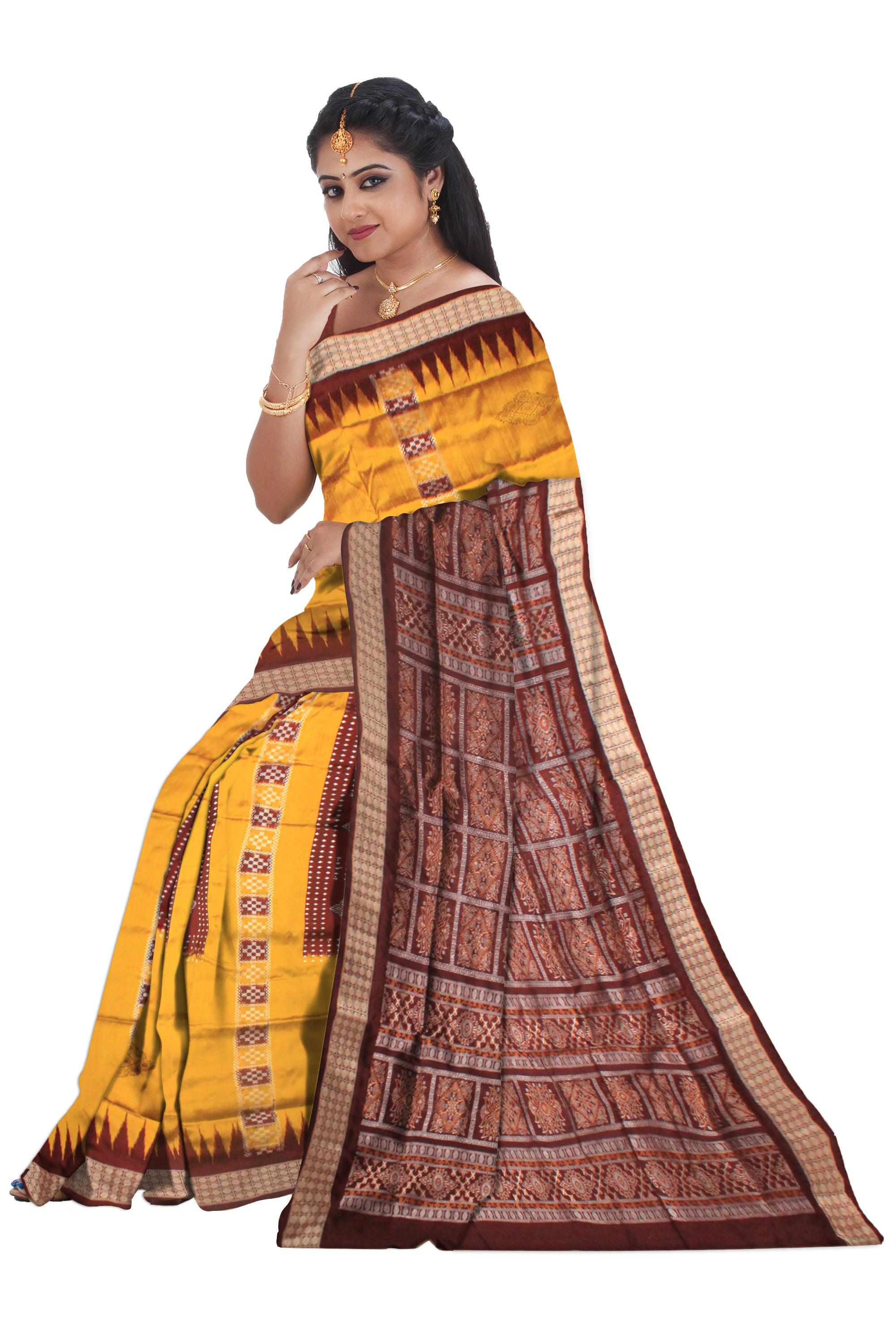 YELLOW AND COFFEE COLOR CHANDUA DESIGN PATA WITH BLOUSE PIECE. - Koshali Arts & Crafts Enterprise
