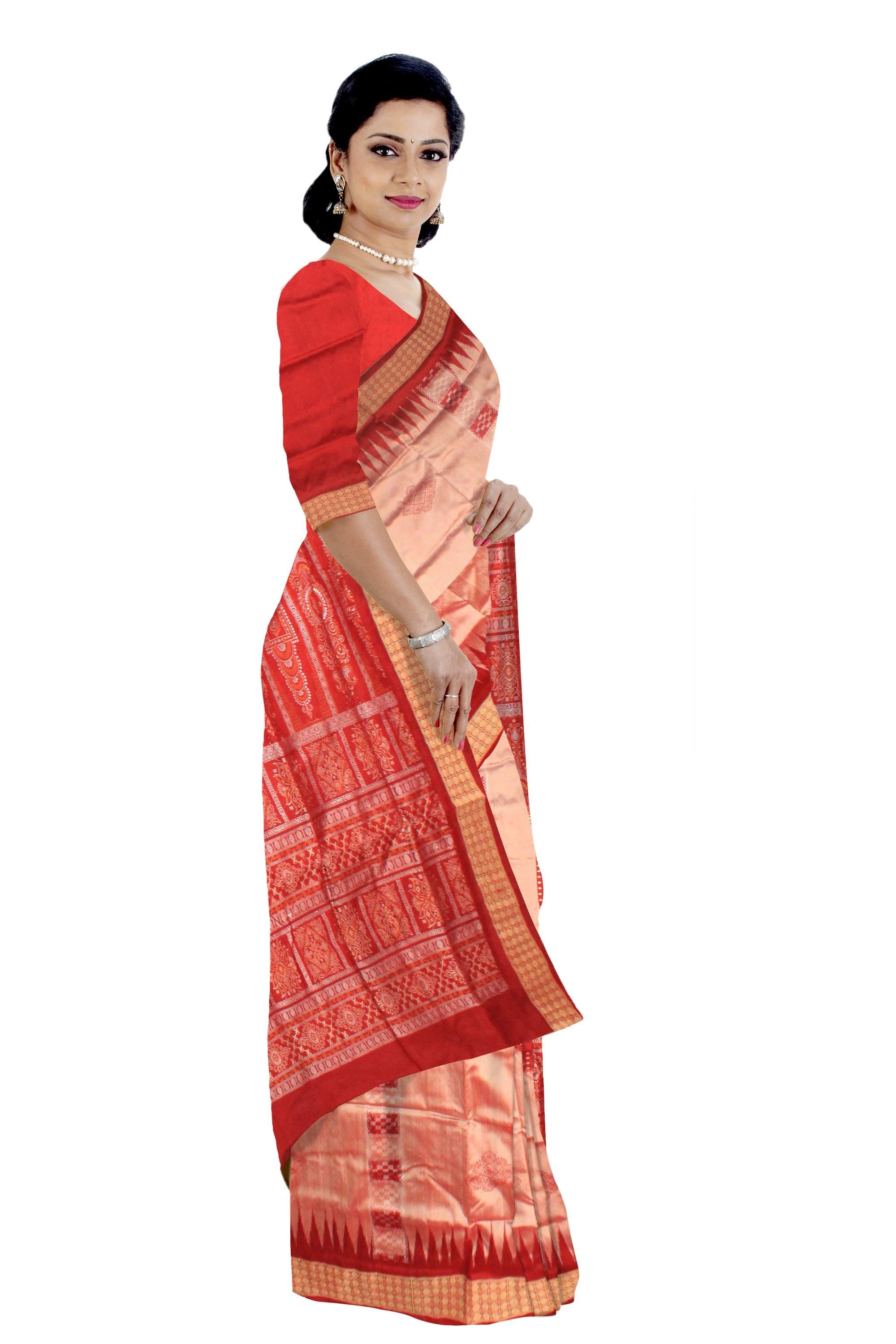 GOLDEN AND RED COLOR CHANDUA DESIGN PATA WITH BLOUSE PIECE. - Koshali Arts & Crafts Enterprise