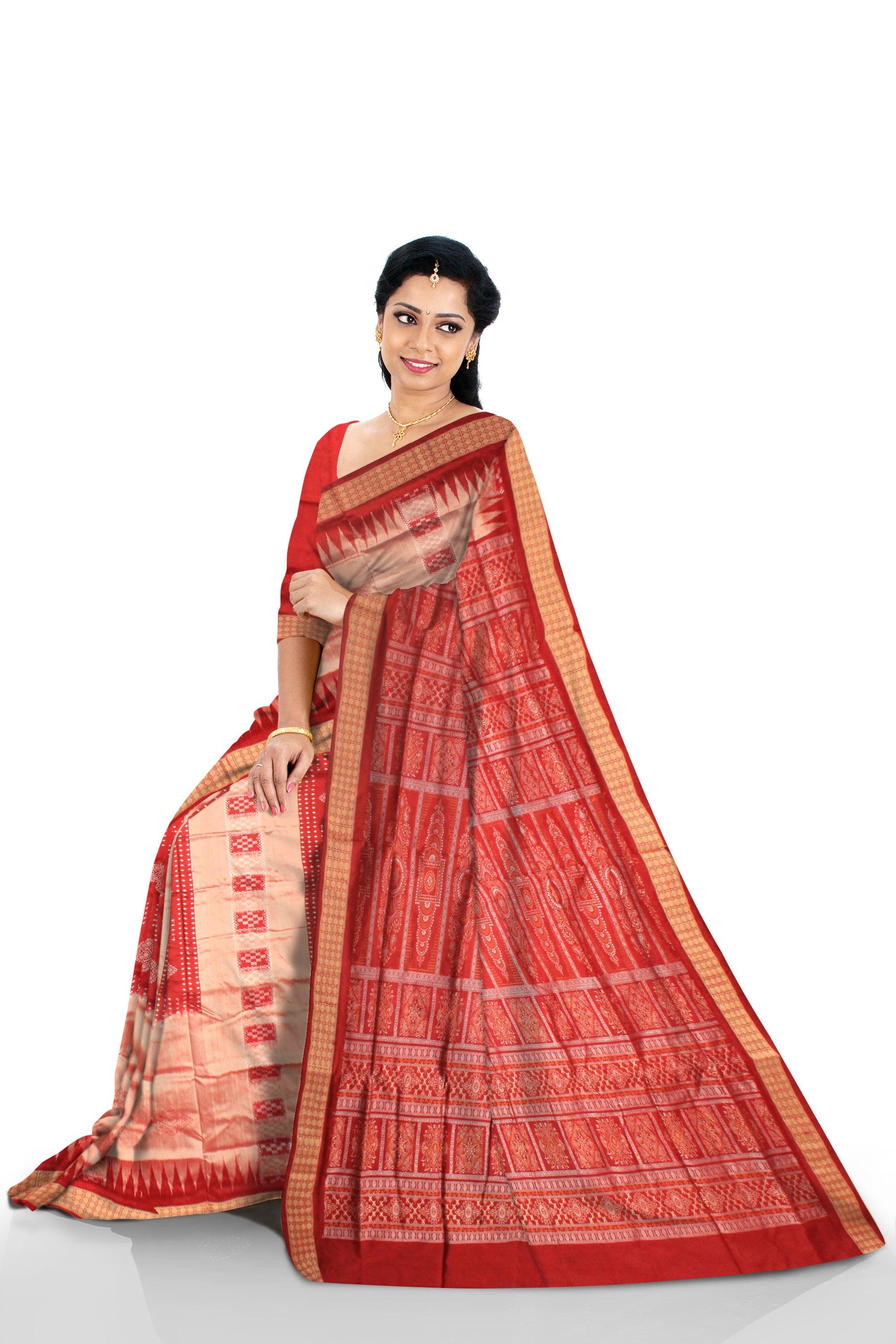 GOLDEN AND RED COLOR CHANDUA DESIGN PATA WITH BLOUSE PIECE. - Koshali Arts & Crafts Enterprise