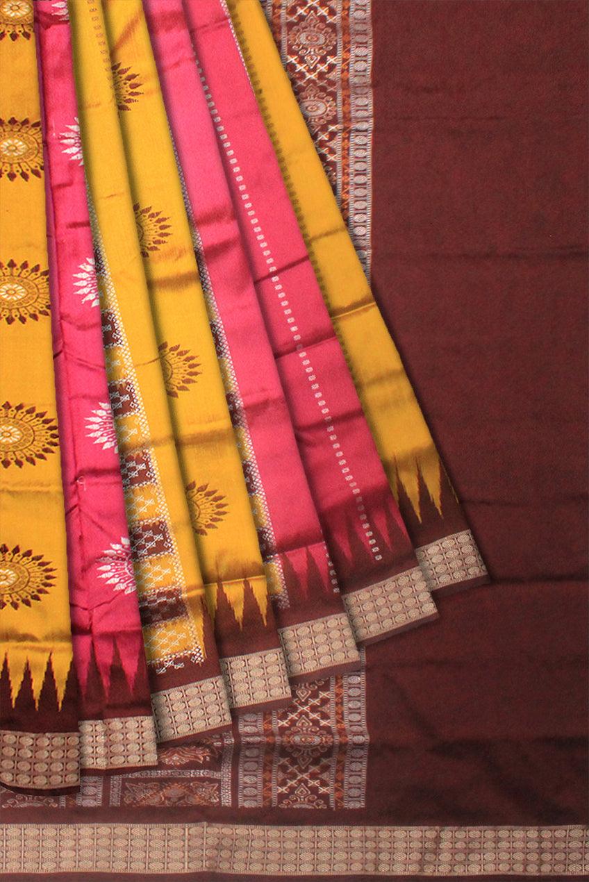 YELLOW, PINK AND MAROON MIX SAMBALPURI PATA SAREE WITH PASAPALI, AND BOMKEI PRINT IN BODY - Koshali Arts & Crafts Enterprise