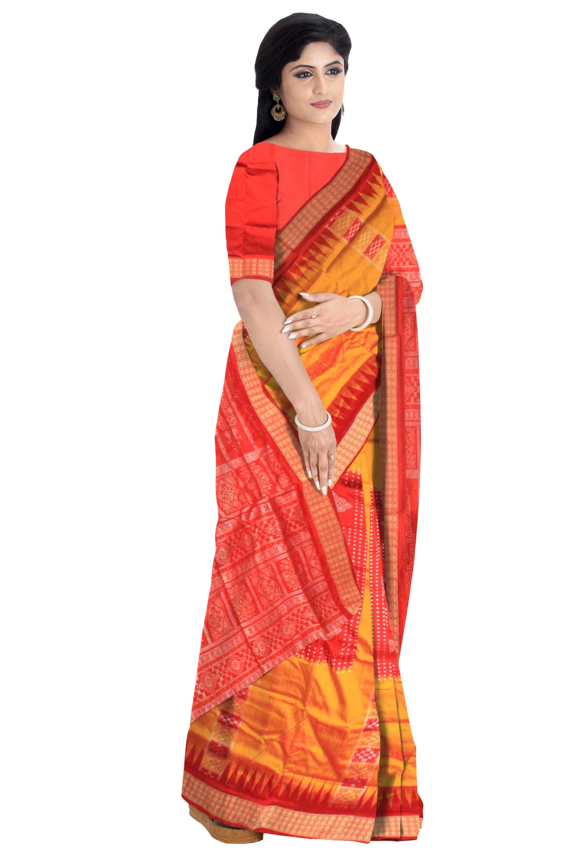 SAMBALPURI PATA IN YELLOW AND RED COLOR , CHANDUA PATA WITH BLOUSE PIECE. - Koshali Arts & Crafts Enterprise