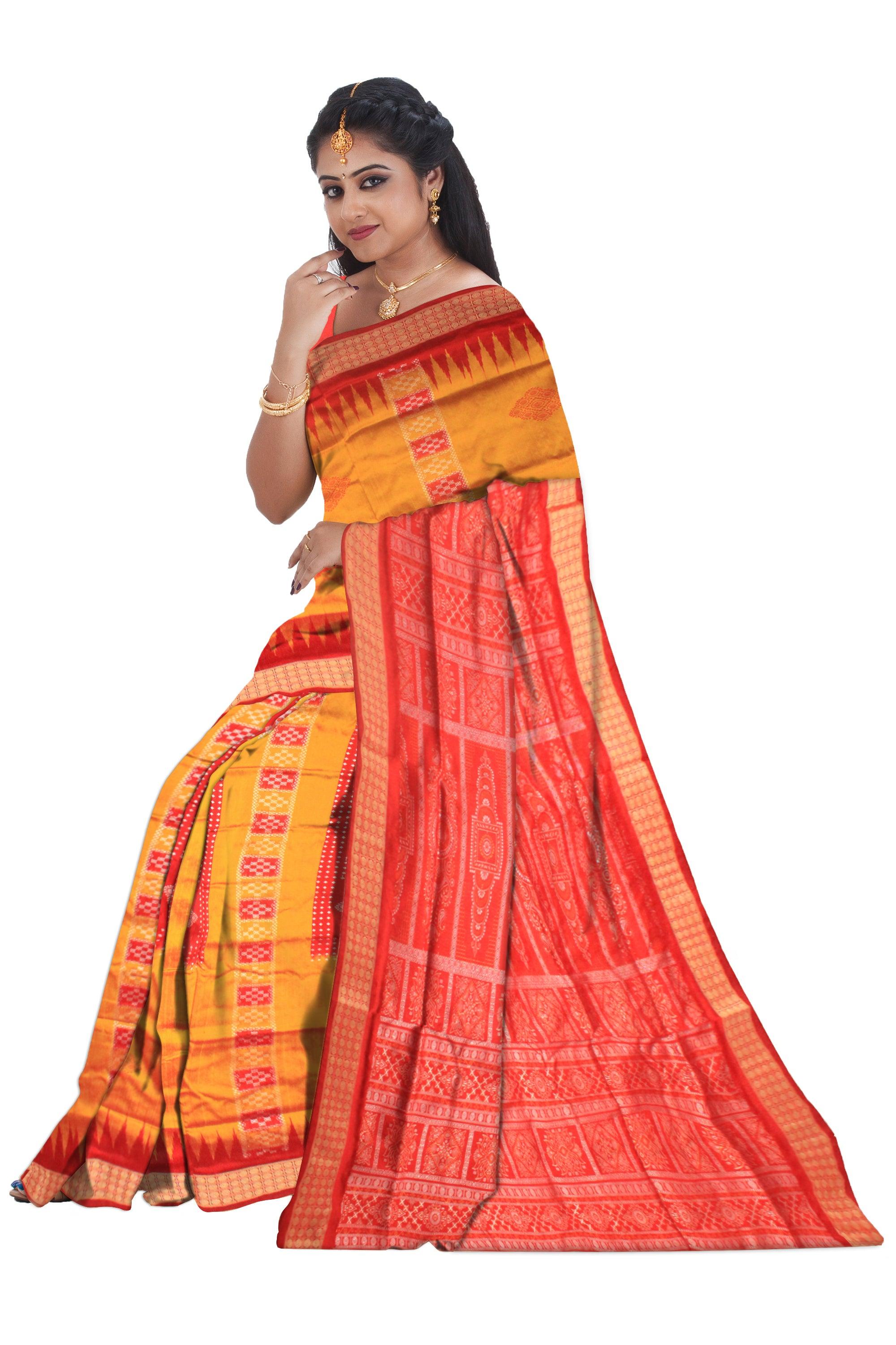SAMBALPURI PATA IN YELLOW AND RED COLOR , CHANDUA PATA WITH BLOUSE PIECE. - Koshali Arts & Crafts Enterprise