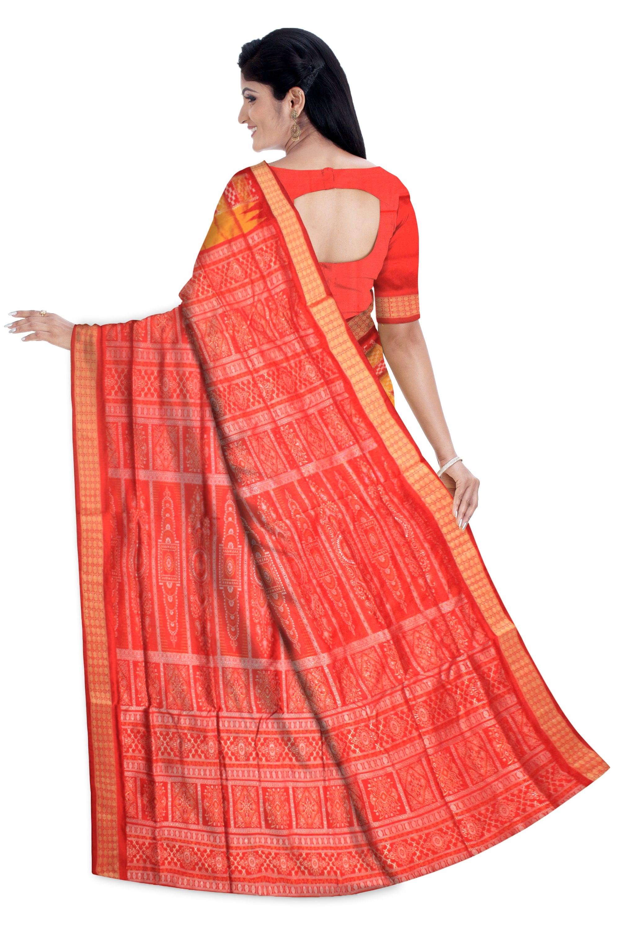 SAMBALPURI PATA IN YELLOW AND RED COLOR , CHANDUA PATA WITH BLOUSE PIECE. - Koshali Arts & Crafts Enterprise