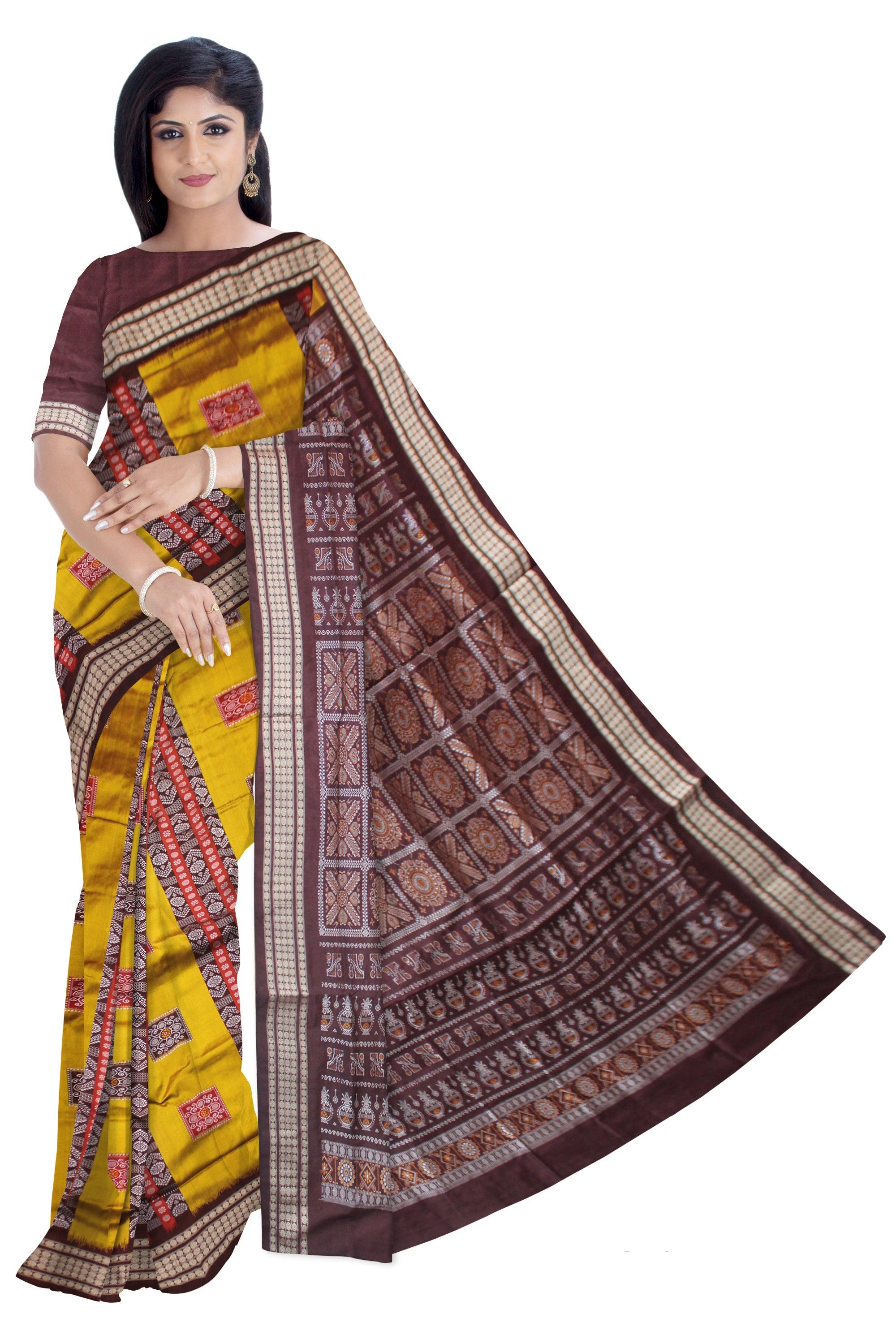 YELLOW AND COFFEE LINING BOMKAI PATA SAREE WITH BLOUSE PIECE. - Koshali Arts & Crafts Enterprise