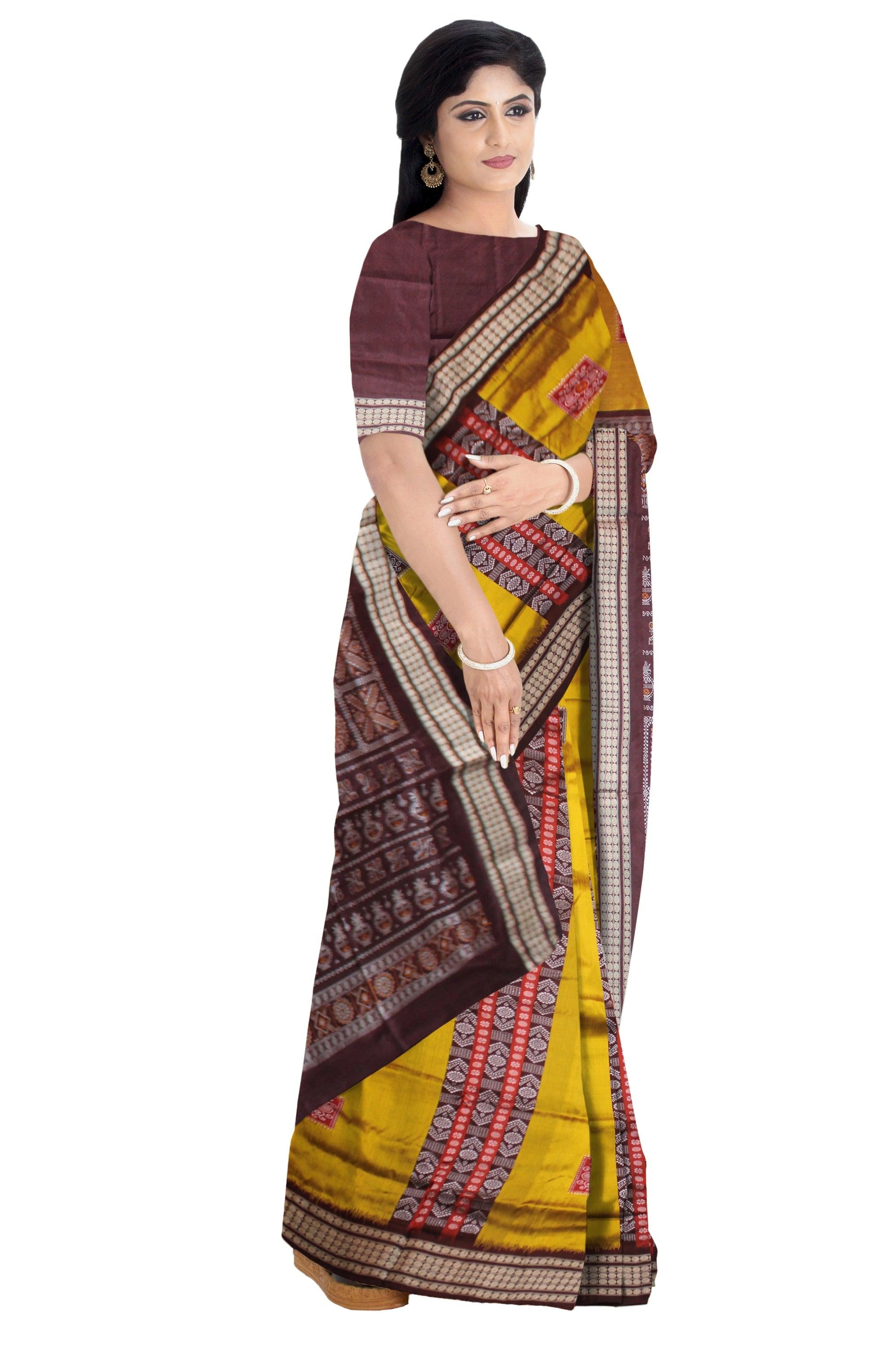 YELLOW AND COFFEE LINING BOMKAI PATA SAREE WITH BLOUSE PIECE. - Koshali Arts & Crafts Enterprise