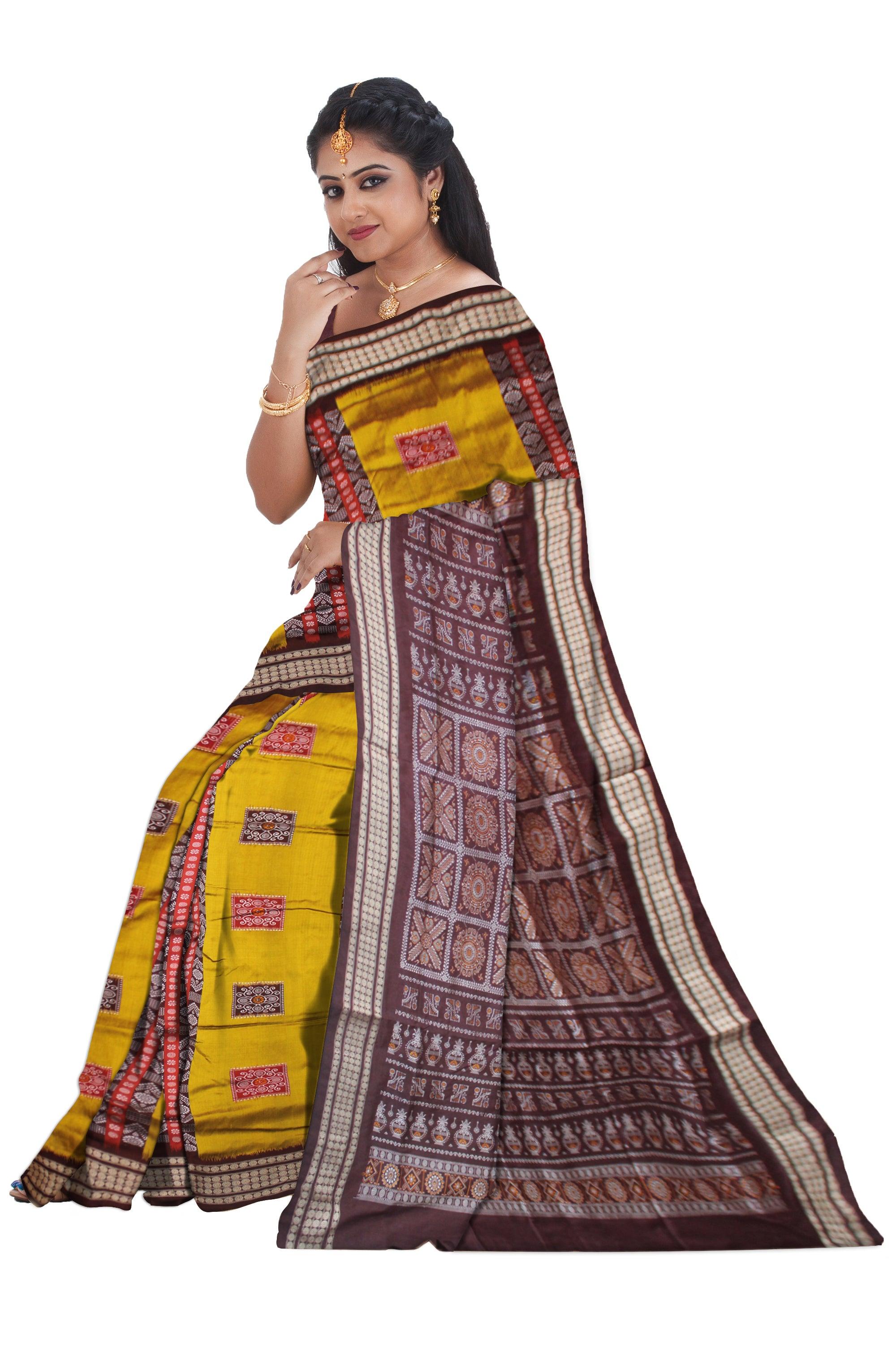 YELLOW AND COFFEE LINING BOMKAI PATA SAREE WITH BLOUSE PIECE. - Koshali Arts & Crafts Enterprise