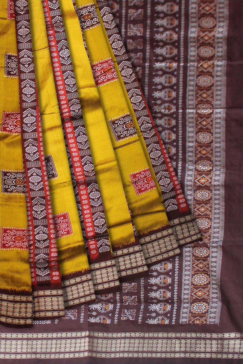 YELLOW AND COFFEE LINING BOMKAI PATA SAREE WITH BLOUSE PIECE. - Koshali Arts & Crafts Enterprise