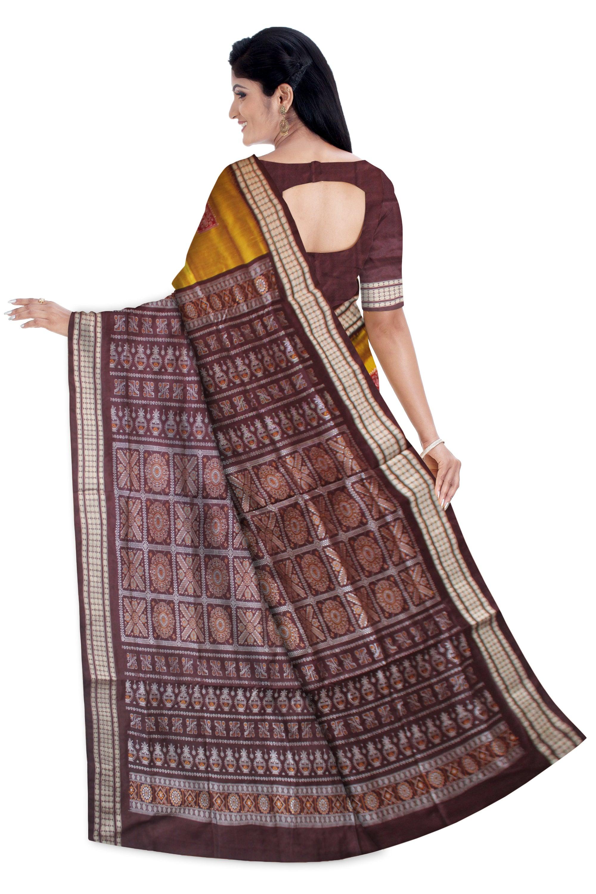 YELLOW AND COFFEE LINING BOMKAI PATA SAREE WITH BLOUSE PIECE. - Koshali Arts & Crafts Enterprise