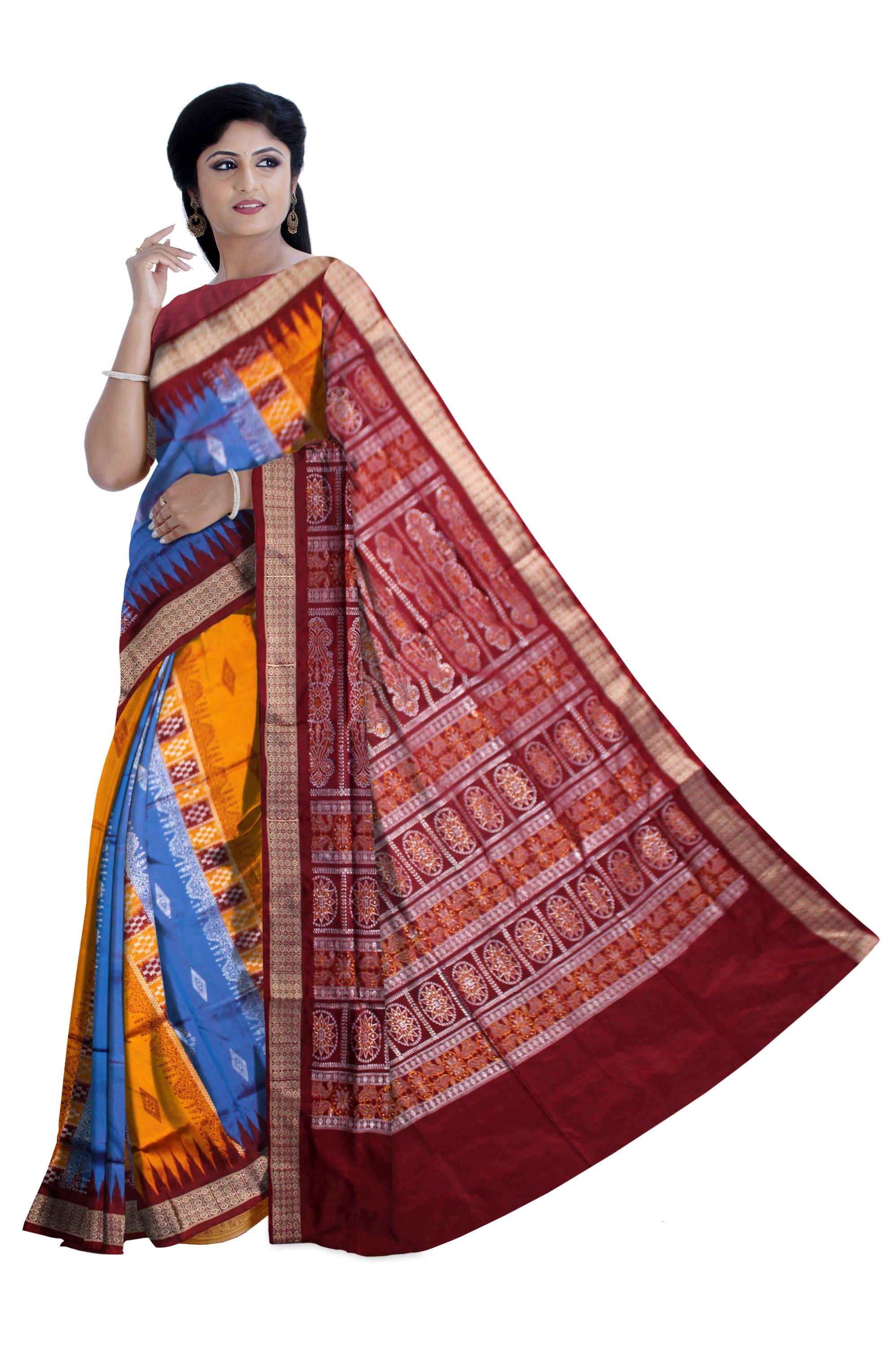 BOMKEI PATA SAREE IN YELLOW, SKY AND MAROON COLOR BASE, AVAILABLE WITH BLOUSE PIECE. - Koshali Arts & Crafts Enterprise