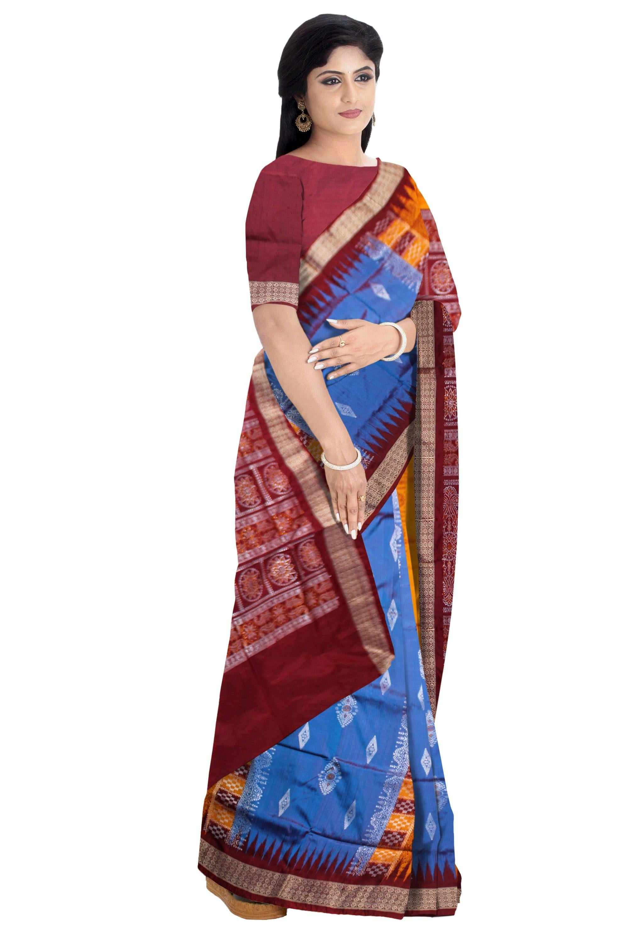 BOMKEI PATA SAREE IN YELLOW, SKY AND MAROON COLOR BASE, AVAILABLE WITH BLOUSE PIECE. - Koshali Arts & Crafts Enterprise