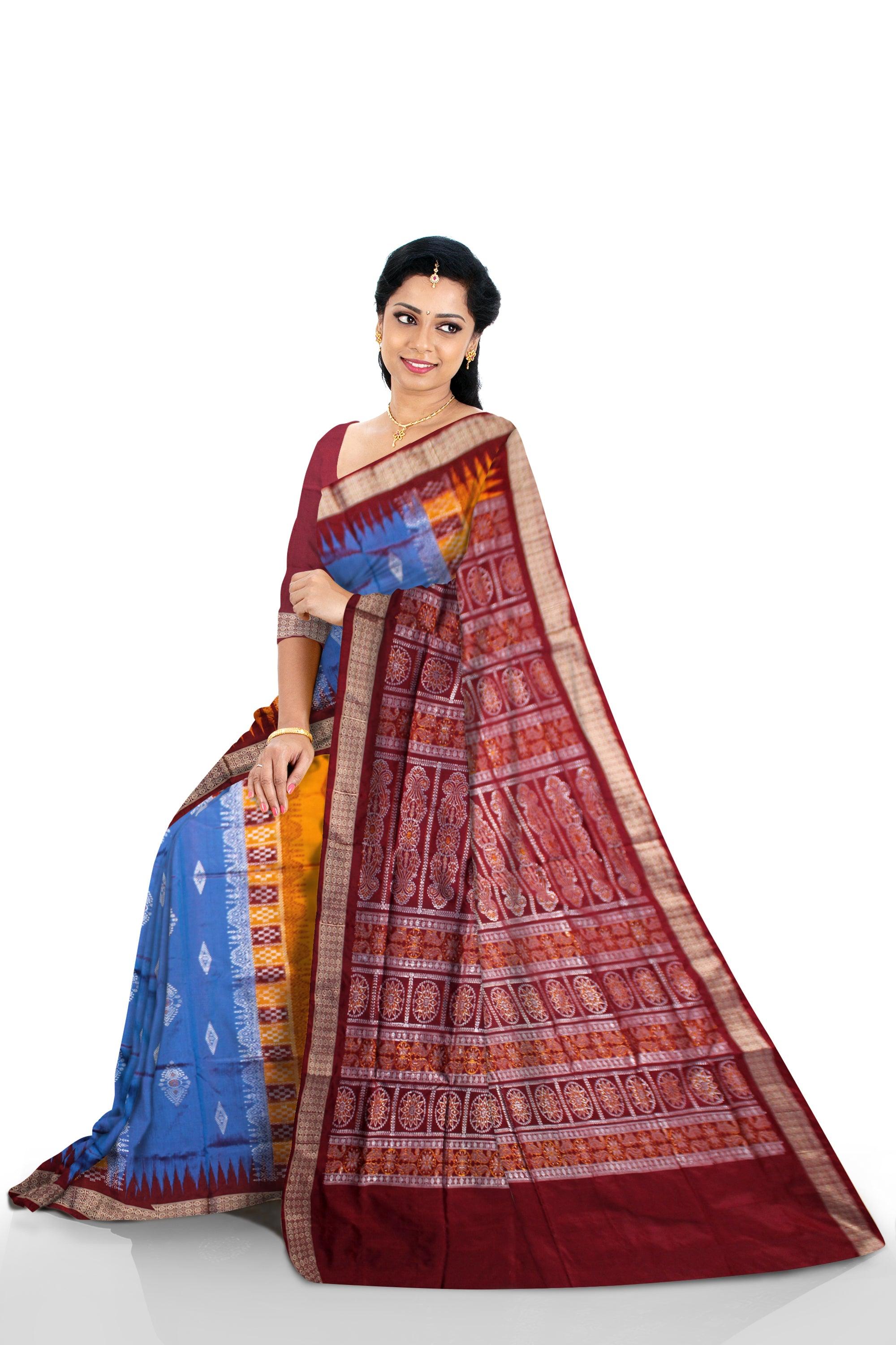BOMKEI PATA SAREE IN YELLOW, SKY AND MAROON COLOR BASE, AVAILABLE WITH BLOUSE PIECE. - Koshali Arts & Crafts Enterprise