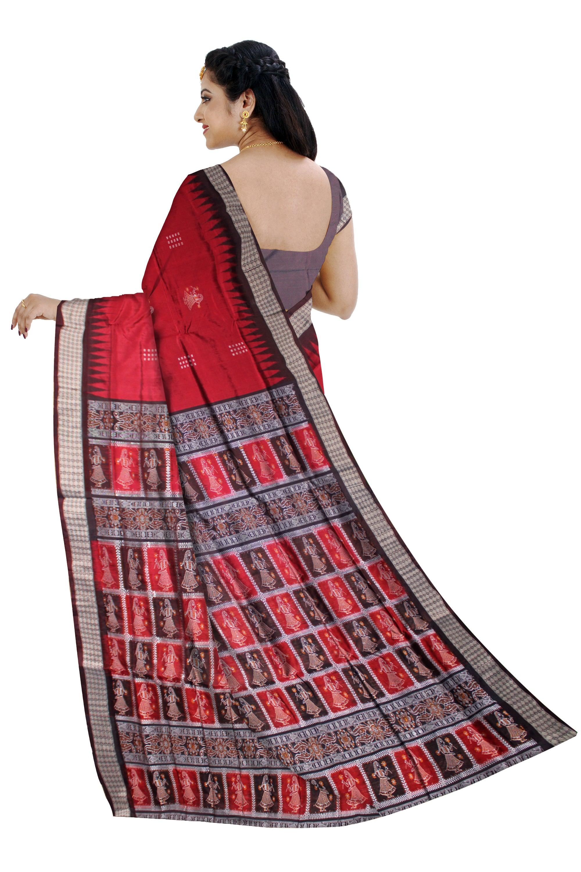 DOLL PRINT PATA SAREE IN RED AND COFFEE COLOR, AVAILABLE WITH BLOUSE PIECE. - Koshali Arts & Crafts Enterprise