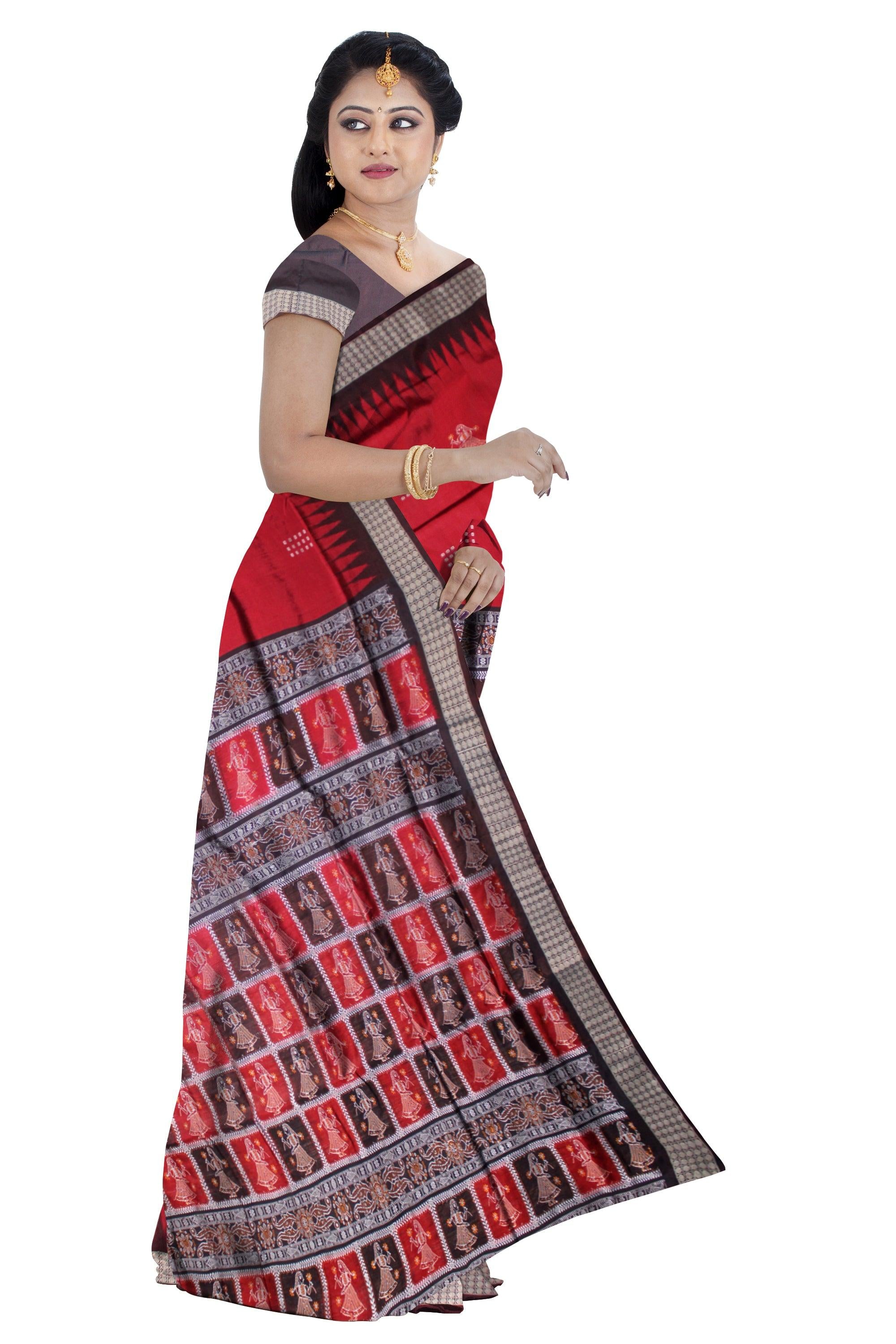 DOLL PRINT PATA SAREE IN RED AND COFFEE COLOR, AVAILABLE WITH BLOUSE PIECE. - Koshali Arts & Crafts Enterprise