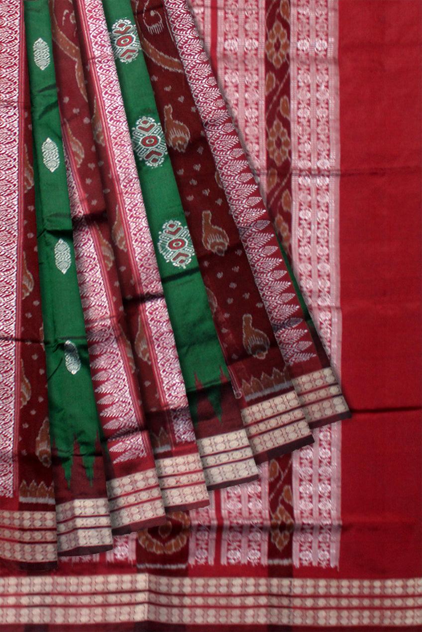 BOMKAI SANKHA DESIGN SONEPUR PATA SAREE IN PERSIAN GREEN AND COFFEE COLOR, AVAILABLE WITH BLOUSE PIECE. - Koshali Arts & Crafts Enterprise