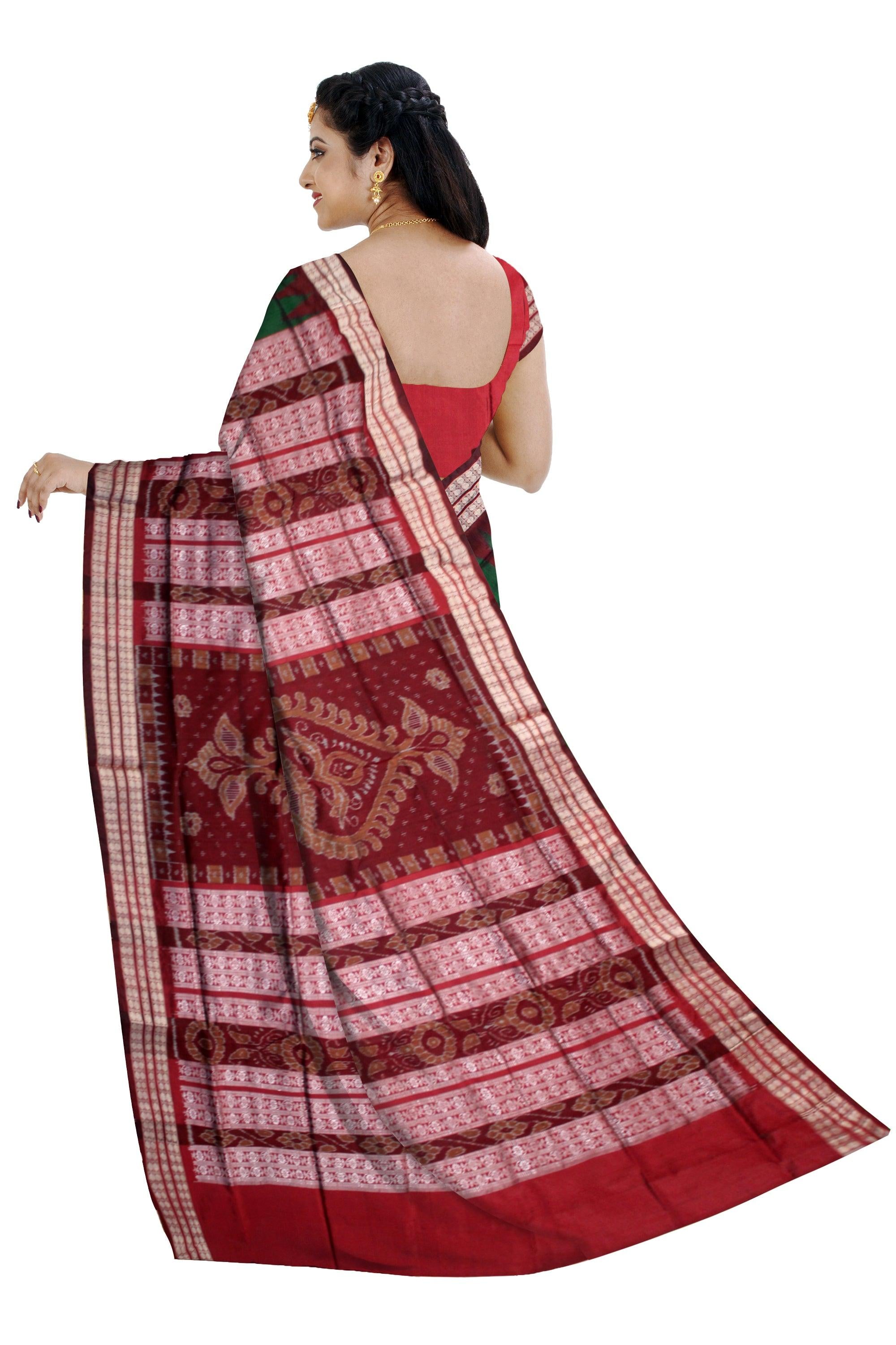 BOMKAI SANKHA DESIGN SONEPUR PATA SAREE IN PERSIAN GREEN AND COFFEE COLOR, AVAILABLE WITH BLOUSE PIECE. - Koshali Arts & Crafts Enterprise