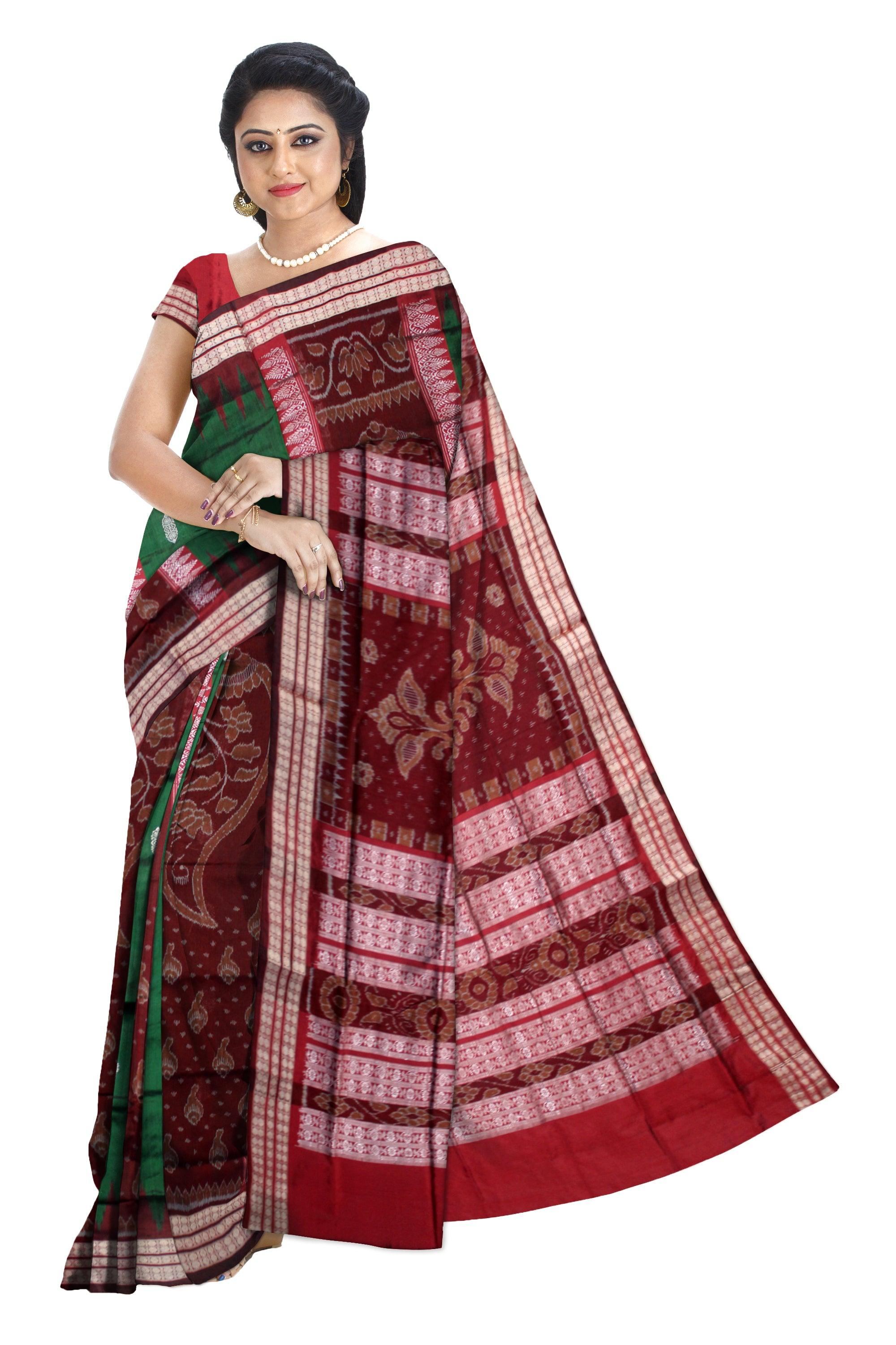Bomkai Sankha design Sonepur Pata saree in Persian green and coffee co