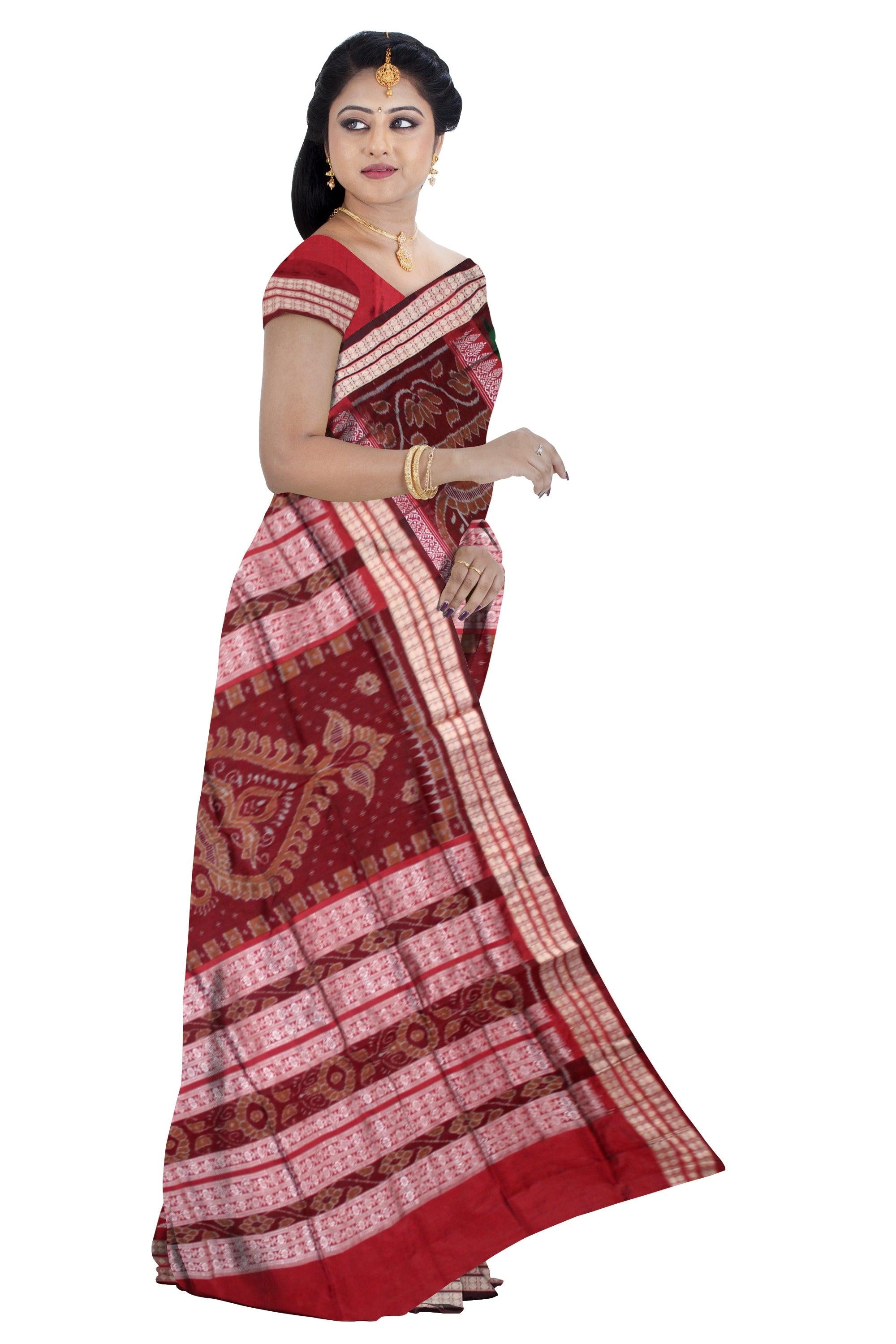 BOMKAI SANKHA DESIGN SONEPUR PATA SAREE IN PERSIAN GREEN AND COFFEE COLOR, AVAILABLE WITH BLOUSE PIECE. - Koshali Arts & Crafts Enterprise