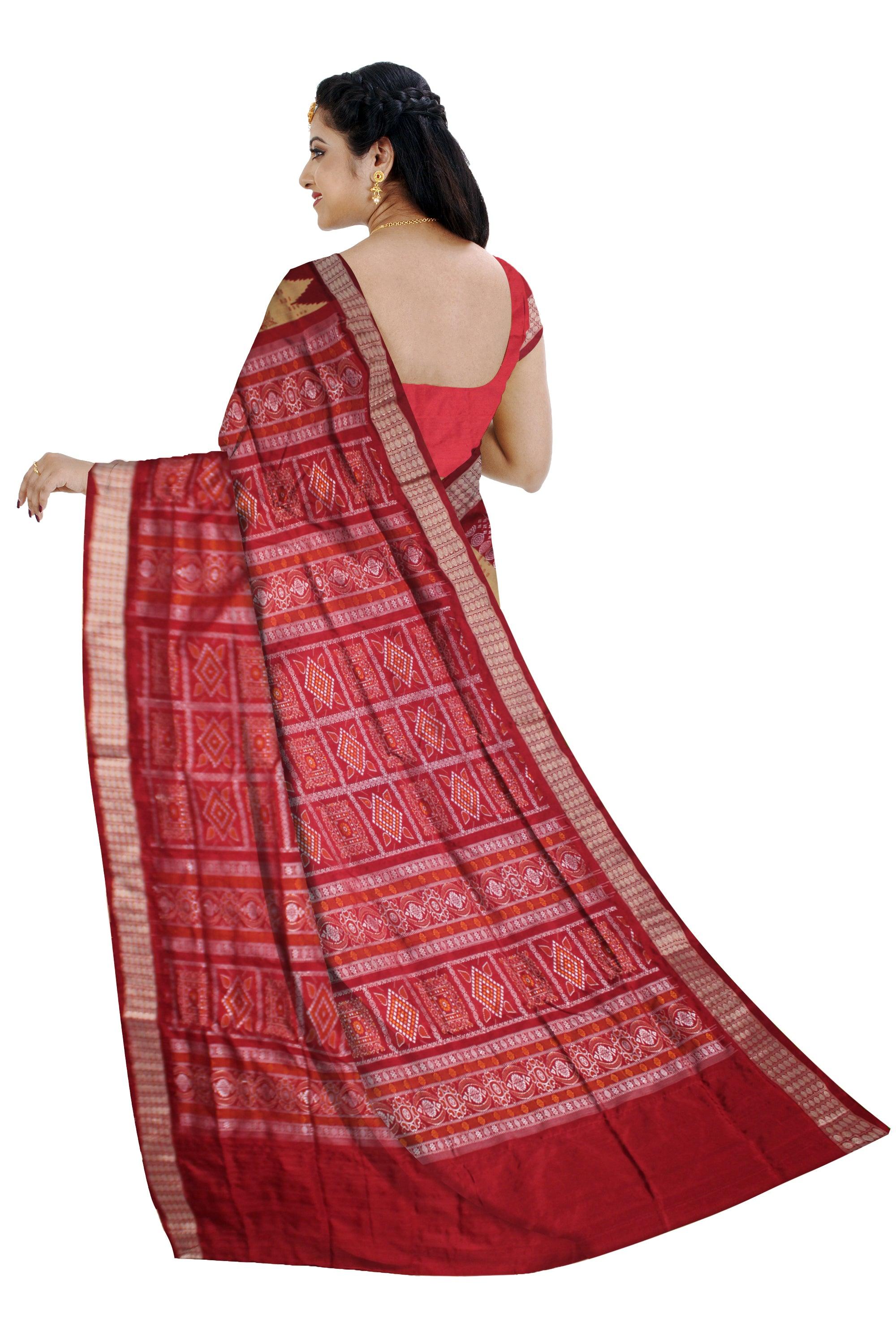 SONEPUR CHANDUA PATA SAREE IN GOLDEN AND RED COLOR , WITH BLOUSE PIECE. - Koshali Arts & Crafts Enterprise