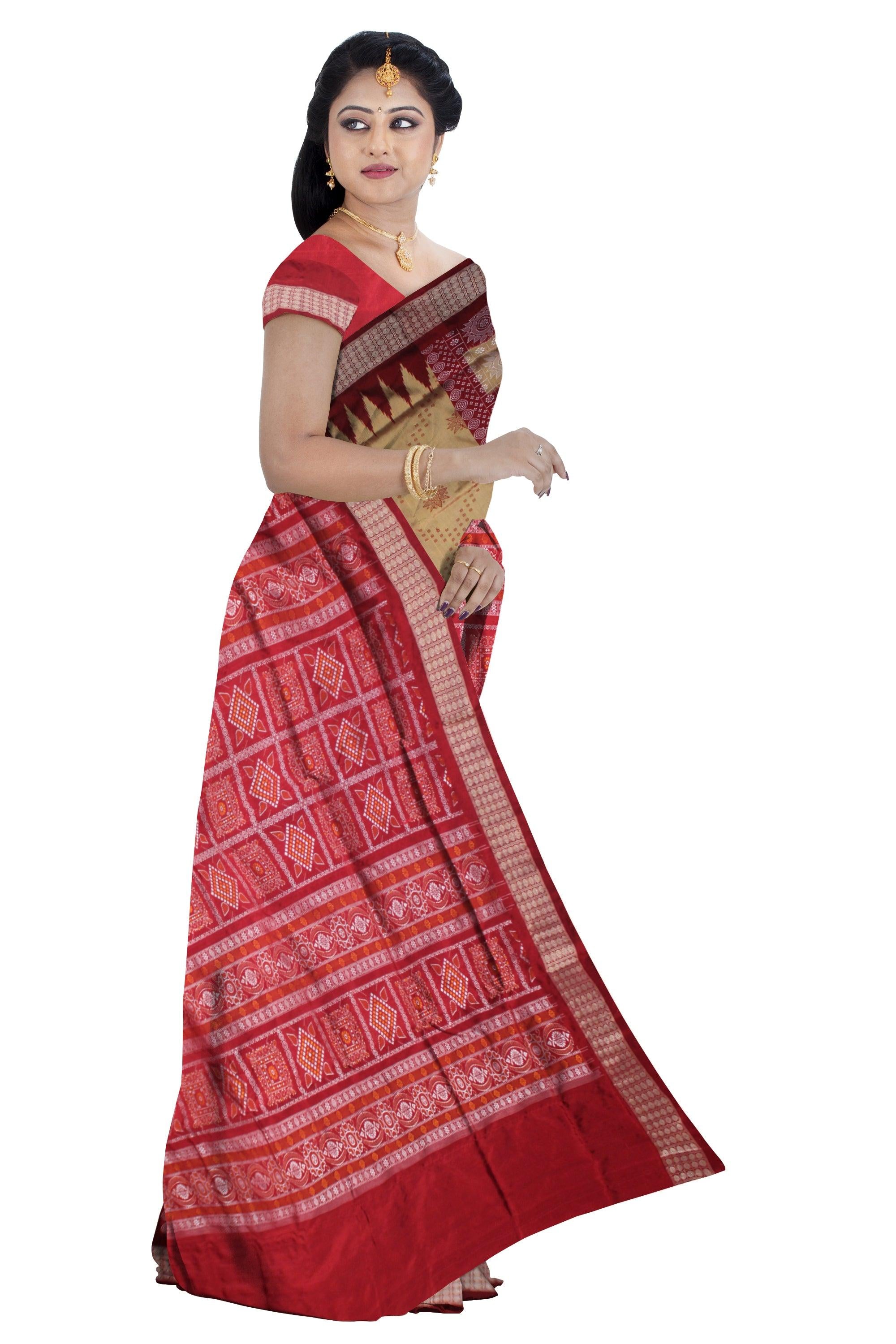 SONEPUR CHANDUA PATA SAREE IN GOLDEN AND RED COLOR , WITH BLOUSE PIECE. - Koshali Arts & Crafts Enterprise