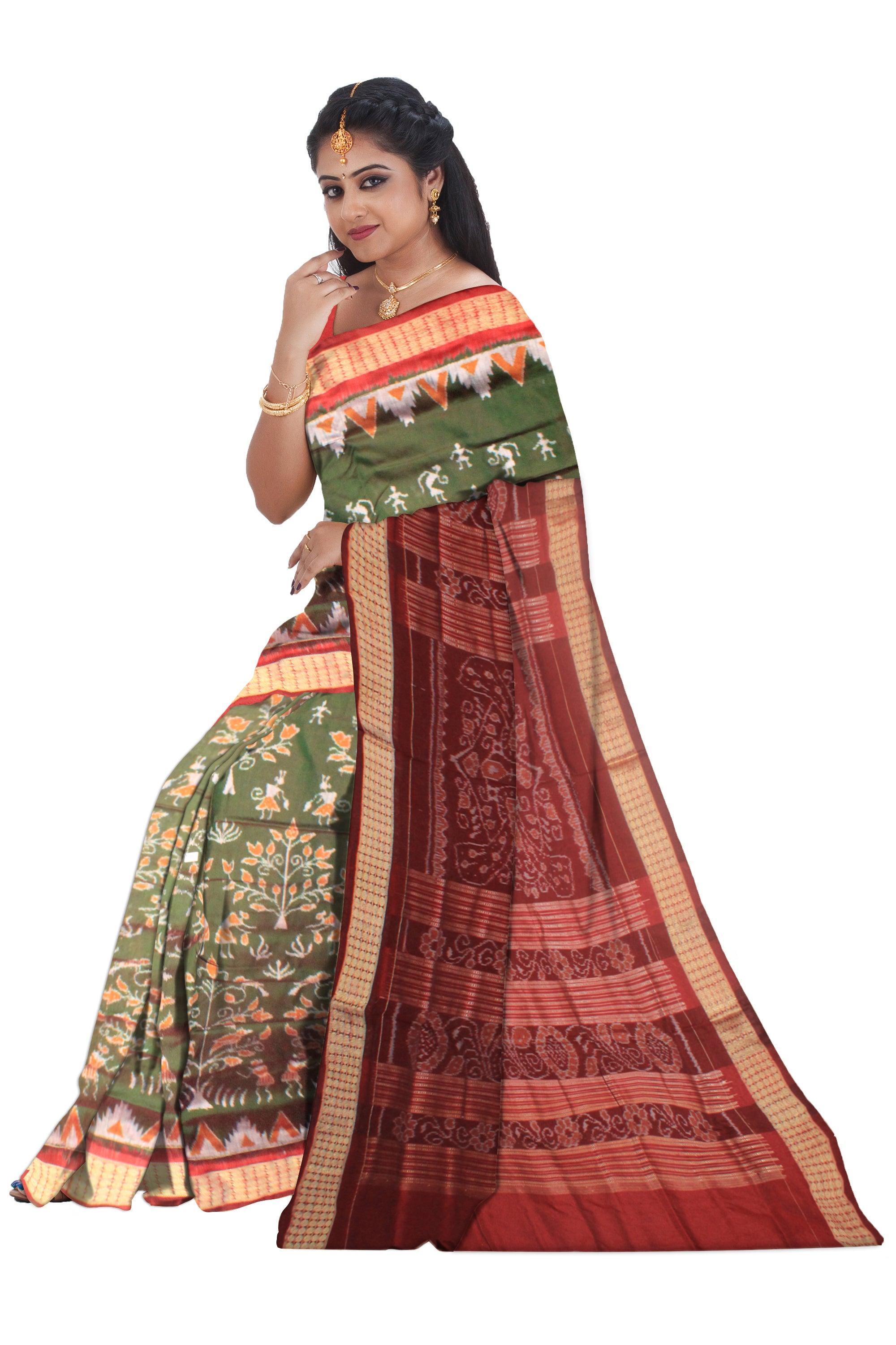 A SONEPUR PURE PATA SAREE IN MEHENDI AND RED COLOR, WITH BLOUSE PIECE. - Koshali Arts & Crafts Enterprise