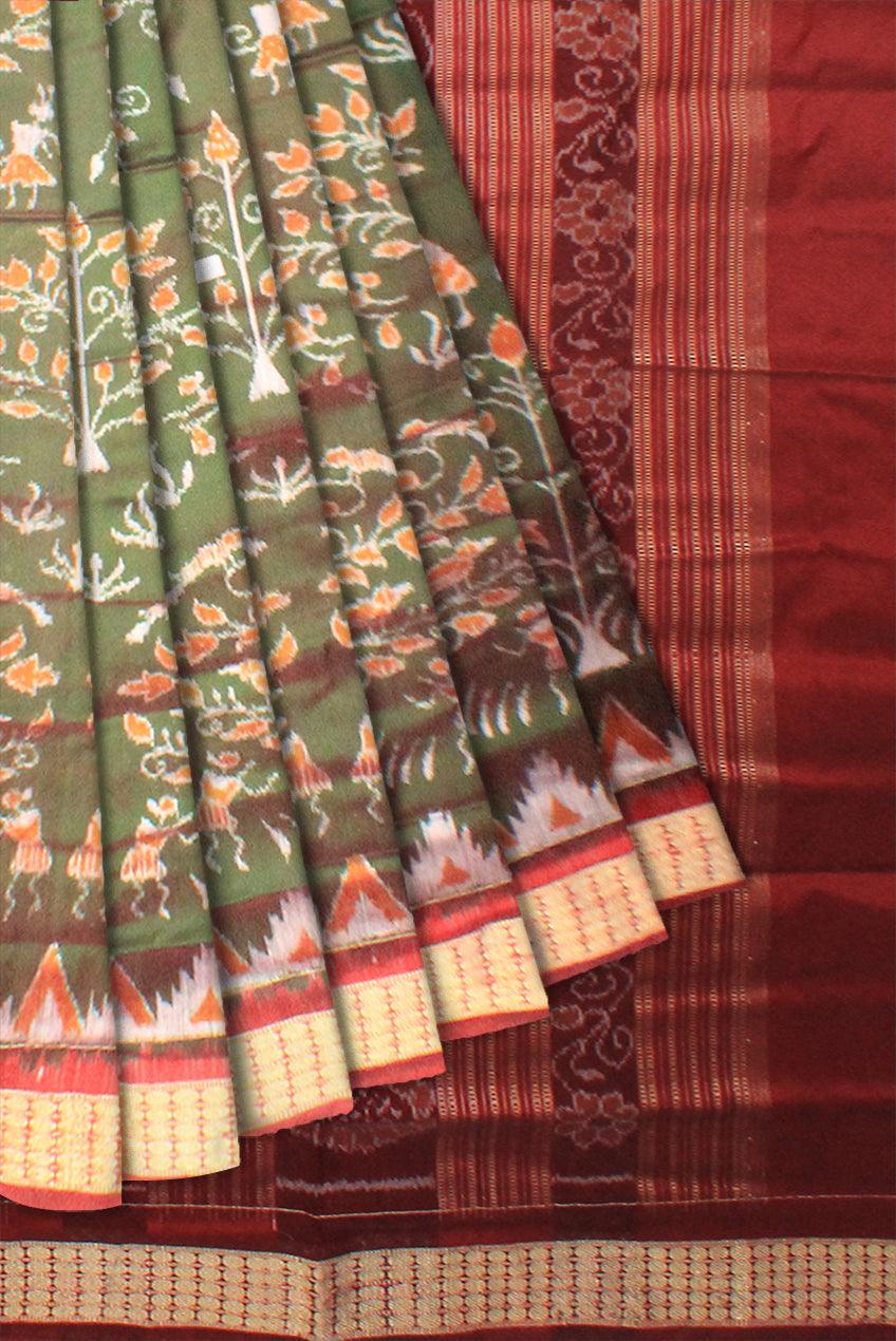 A SONEPUR PURE PATA SAREE IN MEHENDI AND RED COLOR, WITH BLOUSE PIECE. - Koshali Arts & Crafts Enterprise