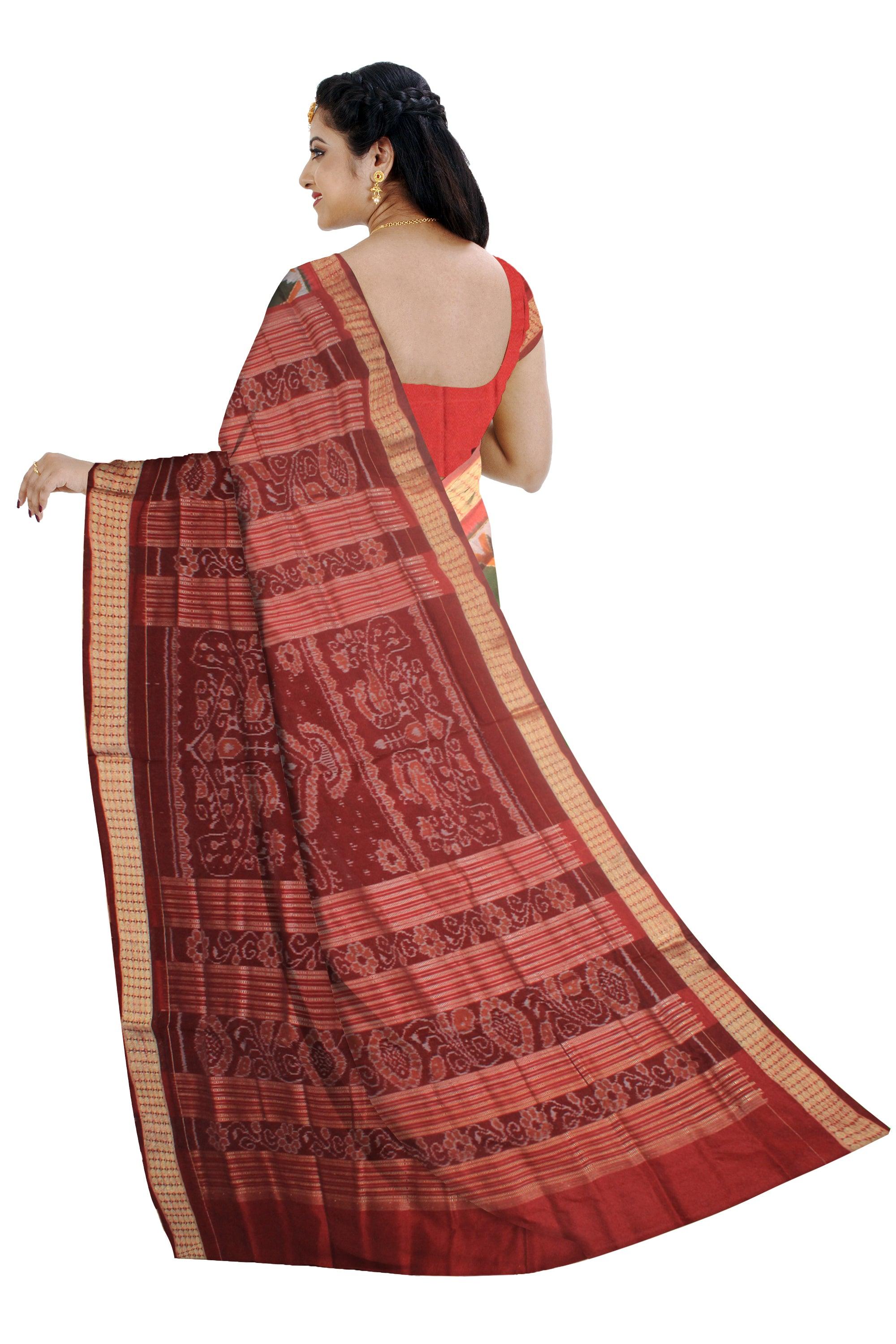A SONEPUR PURE PATA SAREE IN MEHENDI AND RED COLOR, WITH BLOUSE PIECE. - Koshali Arts & Crafts Enterprise