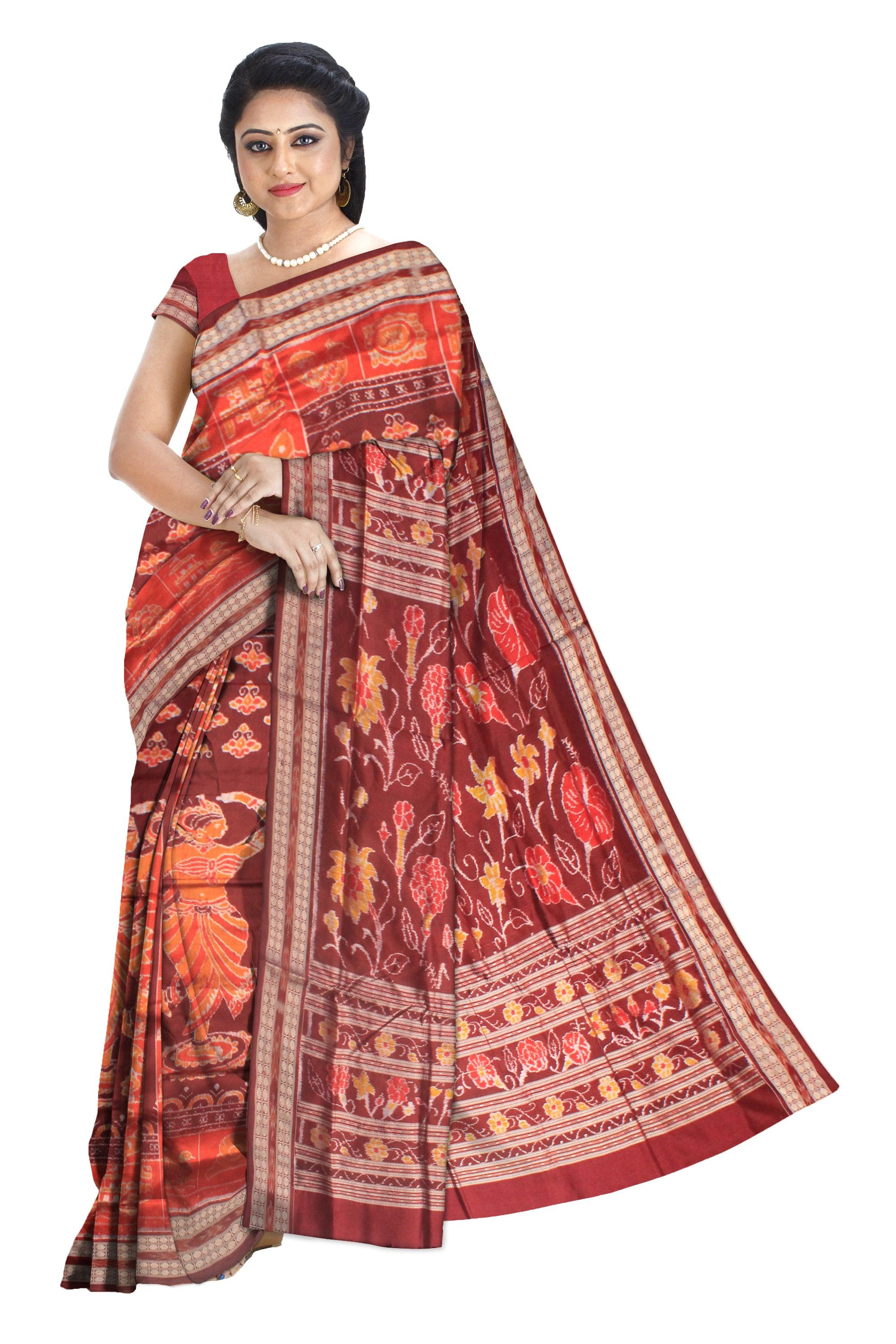 SONEPUR HANDLOOM NABAKOTHI DESIGN PURE SILK SAREE IN VERMILLION AND COFFEE COLOR. ATTACHED BLOUSE PIECE. - Koshali Arts & Crafts Enterprise