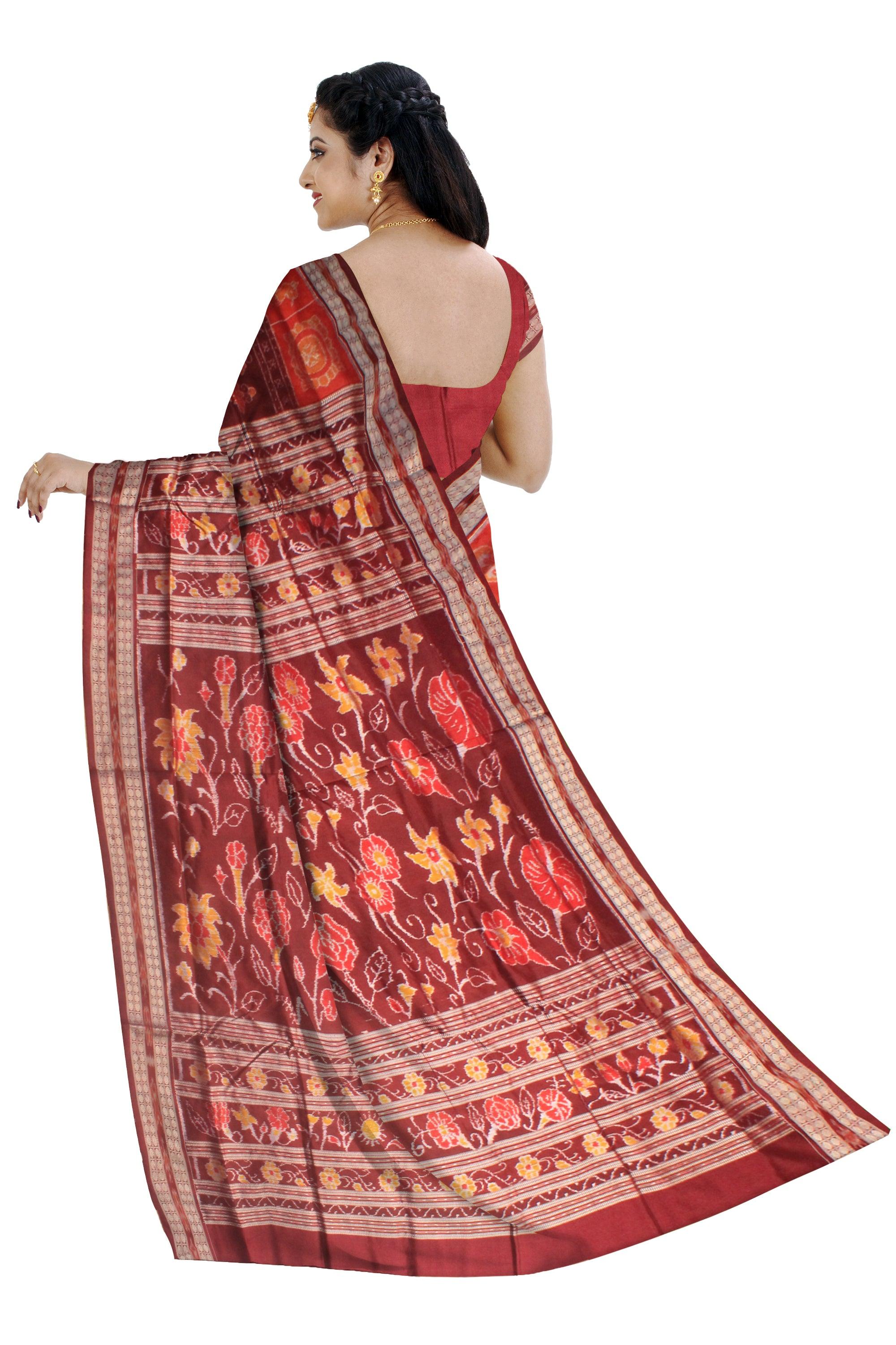 SONEPUR HANDLOOM NABAKOTHI DESIGN PURE SILK SAREE IN VERMILLION AND COFFEE COLOR. ATTACHED BLOUSE PIECE. - Koshali Arts & Crafts Enterprise