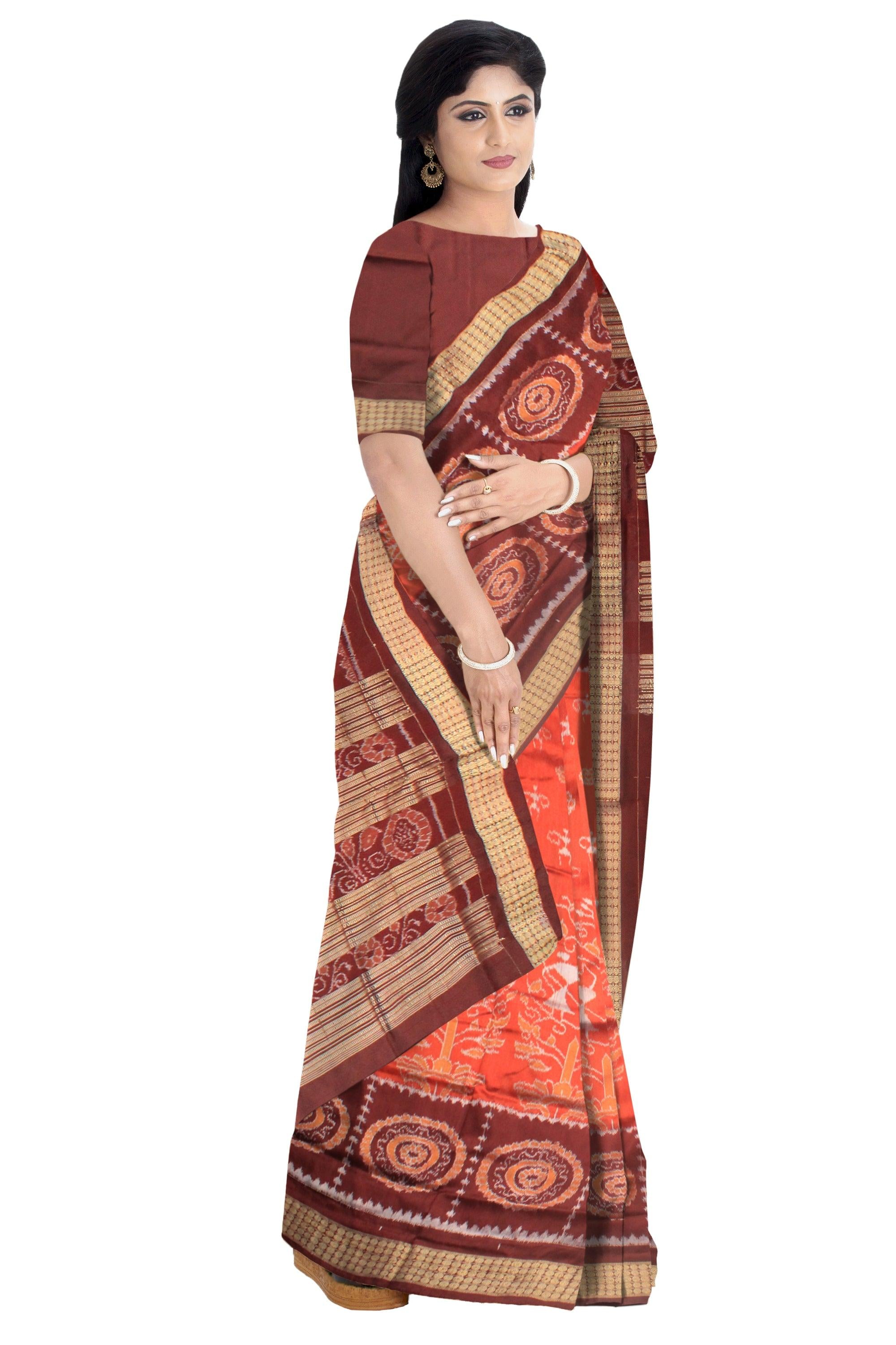 ORANGE AND COFFEE COLOR SONEPUR PURE PATA SAREE, WITH BLOUSE PIECE. - Koshali Arts & Crafts Enterprise