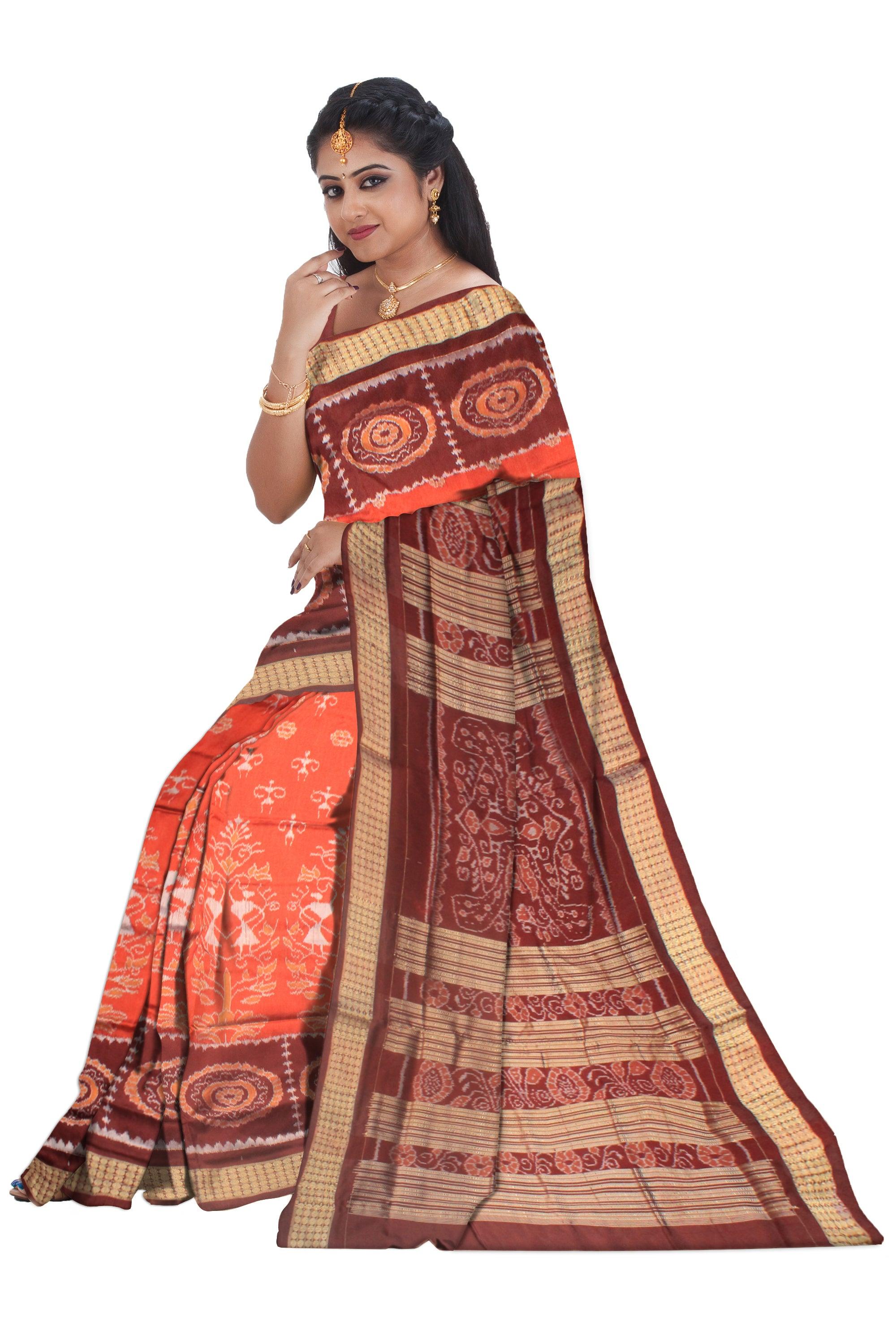 ORANGE AND COFFEE COLOR SONEPUR PURE PATA SAREE, WITH BLOUSE PIECE. - Koshali Arts & Crafts Enterprise