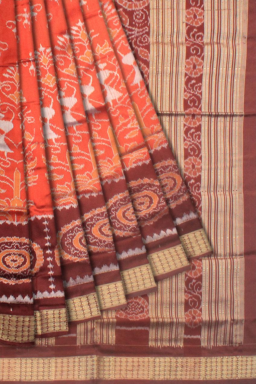 ORANGE AND COFFEE COLOR SONEPUR PURE PATA SAREE, WITH BLOUSE PIECE. - Koshali Arts & Crafts Enterprise