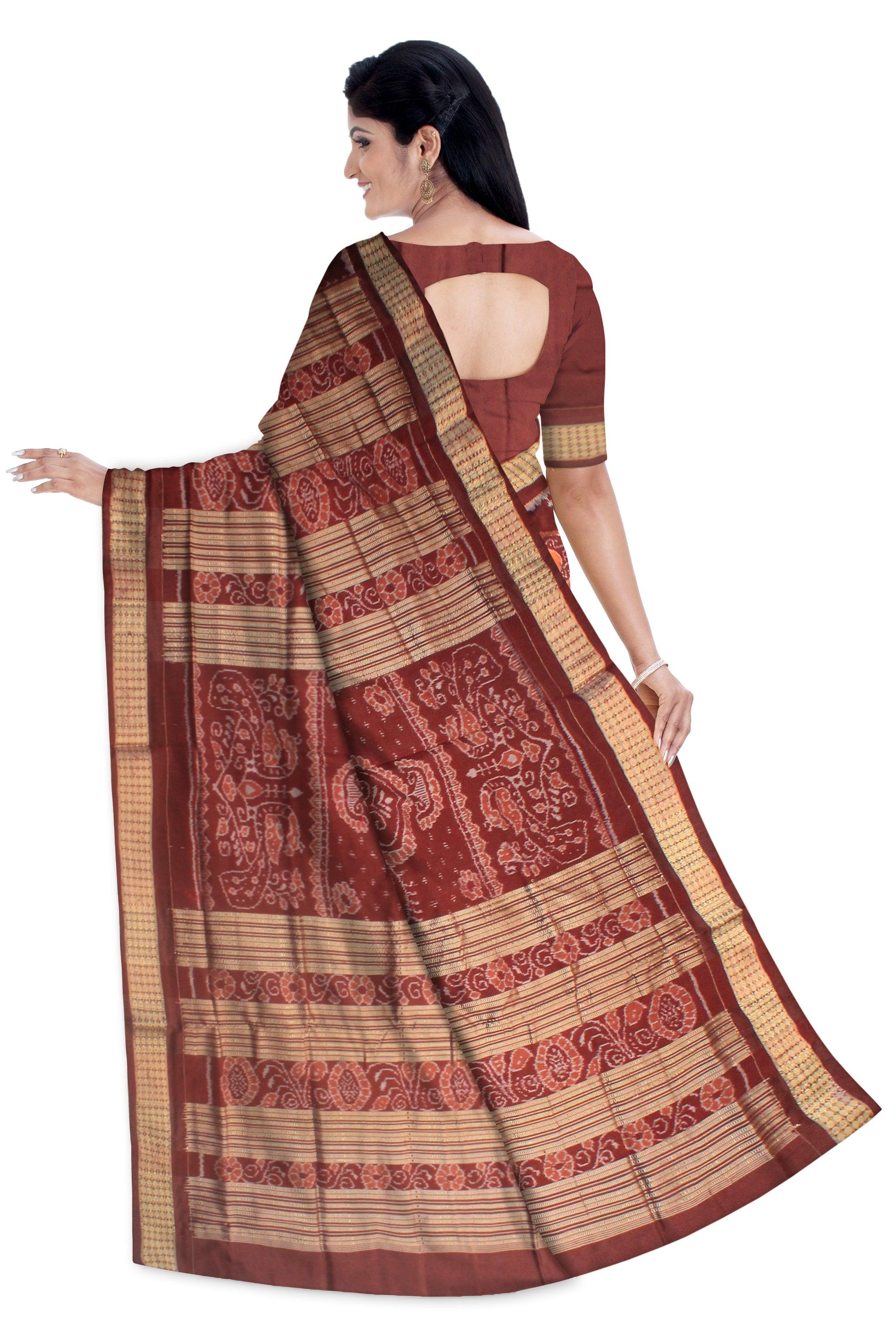 ORANGE AND COFFEE COLOR SONEPUR PURE PATA SAREE, WITH BLOUSE PIECE. - Koshali Arts & Crafts Enterprise