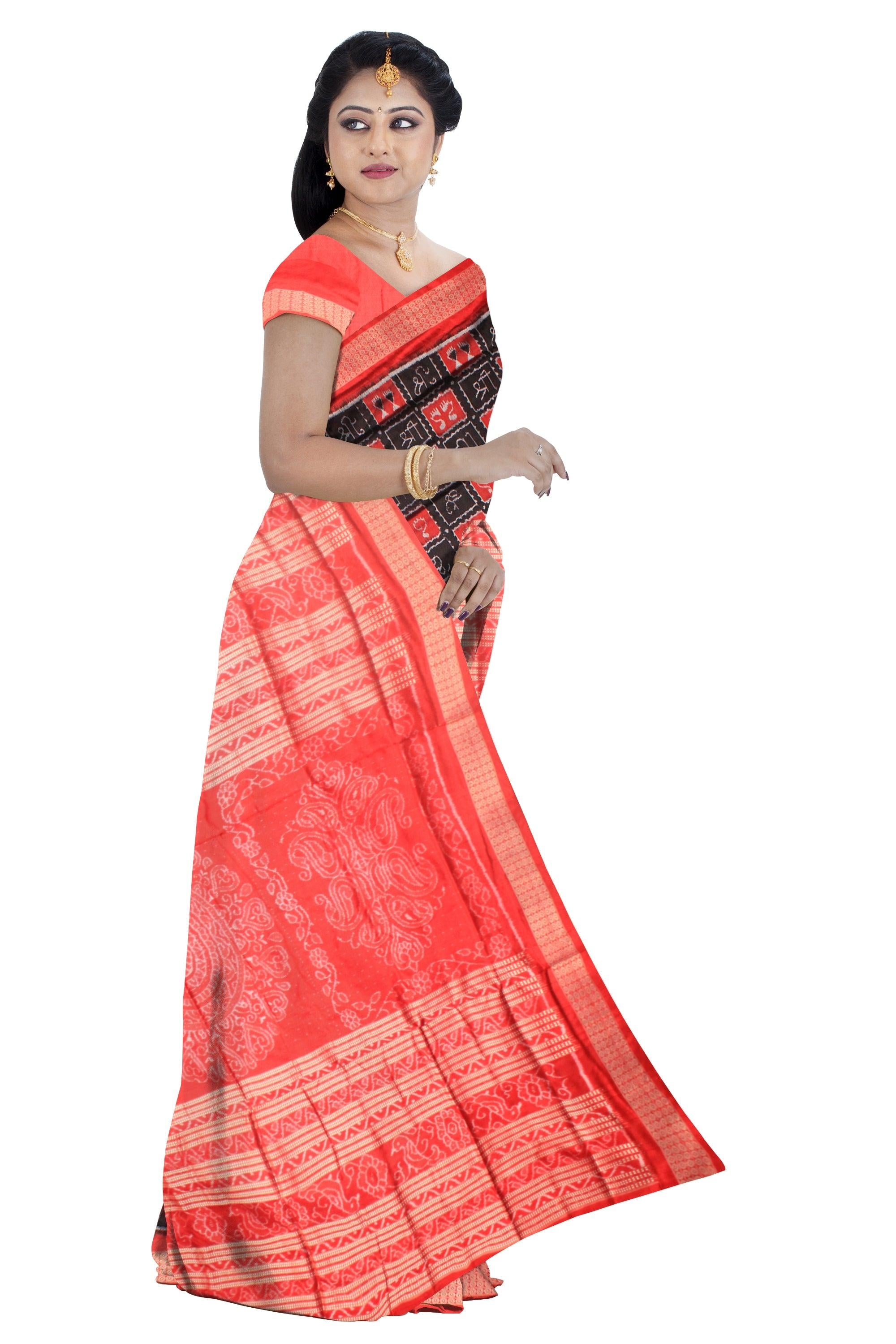 BLACK AND RED COLOR LAXMI PATTERN SONEPUR PURE HANDLOOM PATA SAREE, COMES WITH BLOUSE PIECE - Koshali Arts & Crafts Enterprise