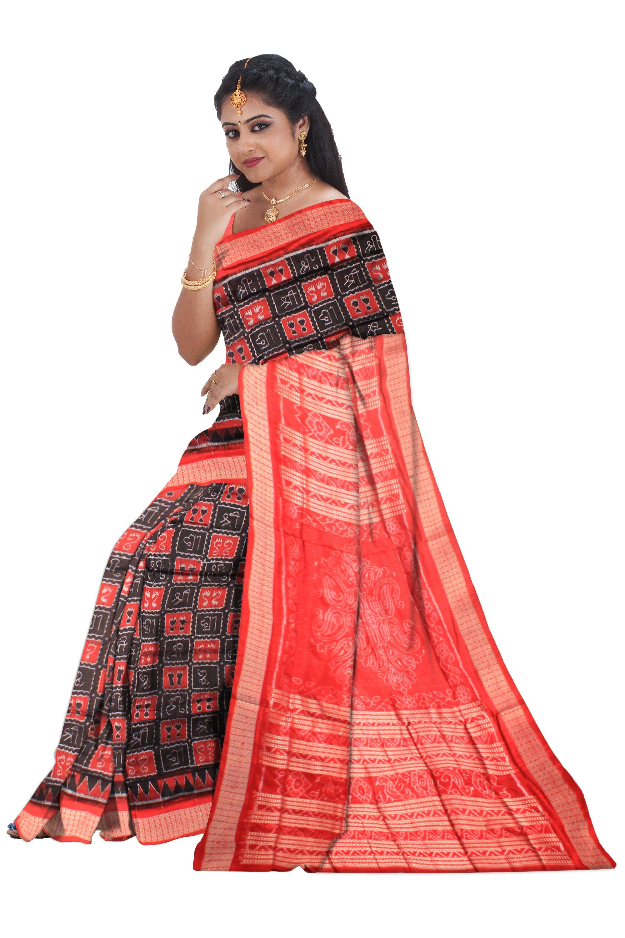 BLACK AND RED COLOR LAXMI PATTERN SONEPUR PURE HANDLOOM PATA SAREE, COMES WITH BLOUSE PIECE - Koshali Arts & Crafts Enterprise